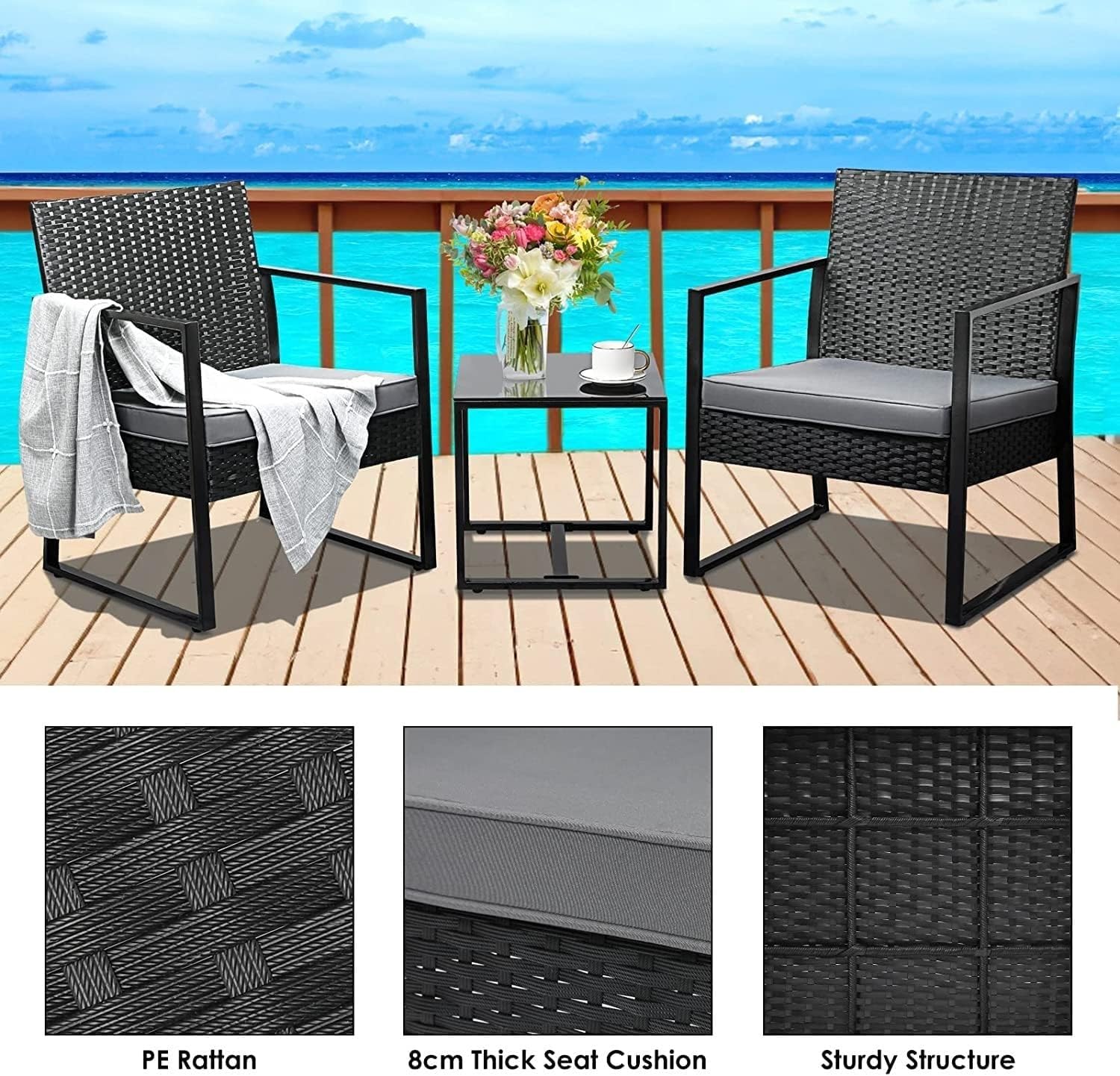 Set di 3 sedie in rattan, tavolino da caffè, mobili da giardino, set da bistrot in rattan con tavolino da caffè, per interni ed esterni, patio, giardino, cortile