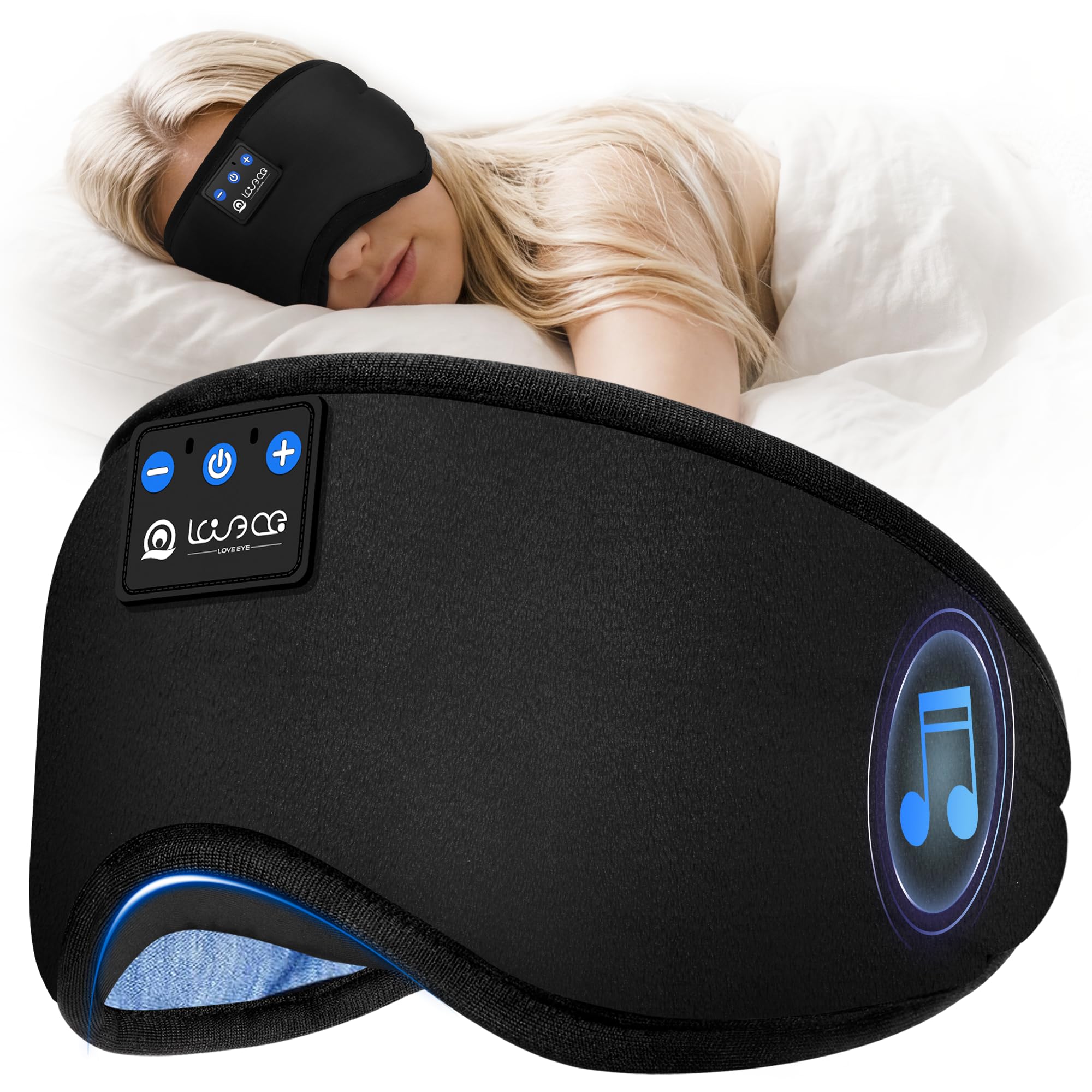 LOVE EYE Bluetooth Schlafmaske für Seitenschläfer, ultraflache Kopfhörer, lichtdicht & waschbar, verstellbar, atmungsaktiv, für Reisen & Entspannung