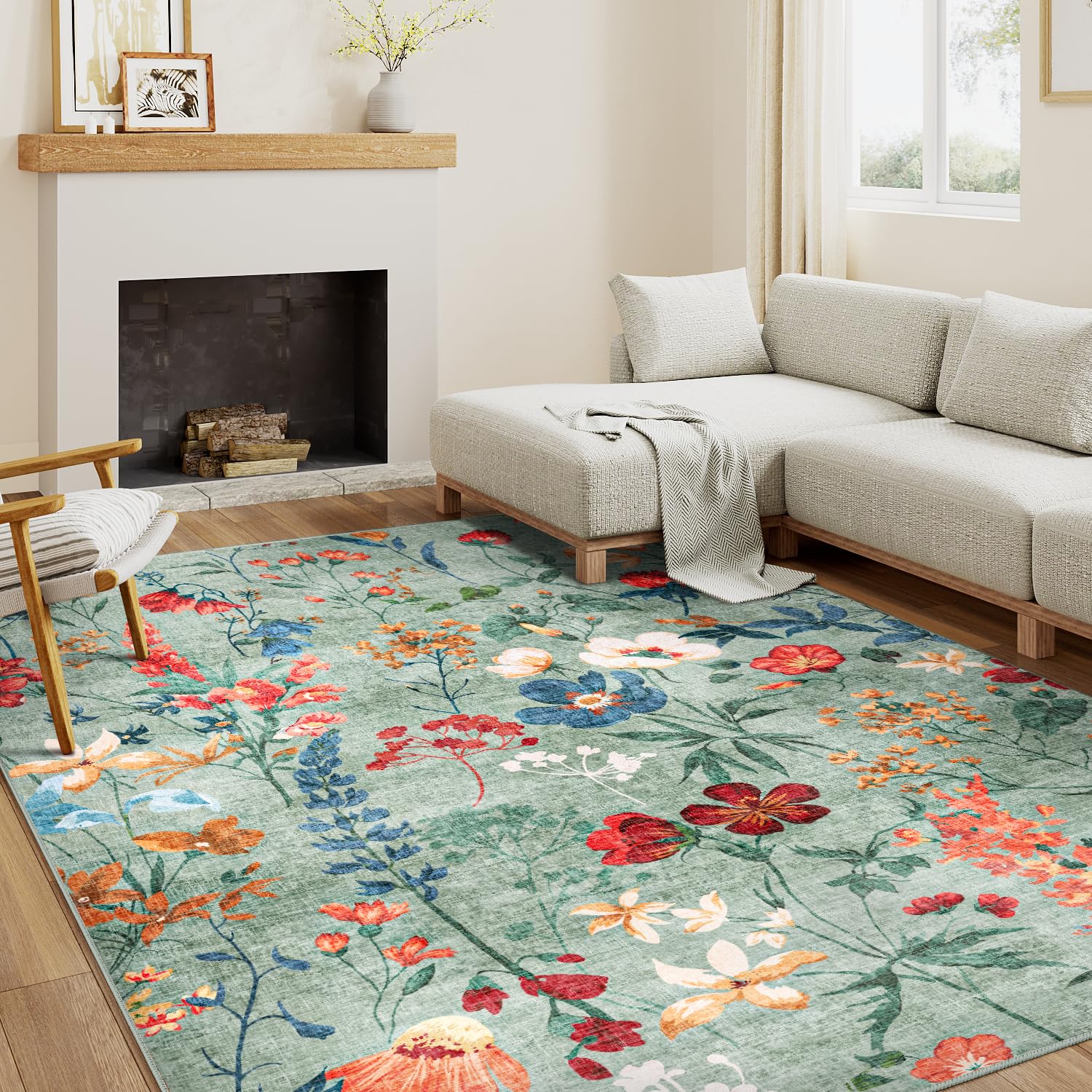 HUGEAR Verde Tappeto Salotto 160x230cm Camera Da Pranzo Antiscivolo Tappeti Lavabile In Lavatrice Carpet Moderno Motivo Floreale Esterno Pelo Corto Misure Grandi Cameretta Sala Rug
