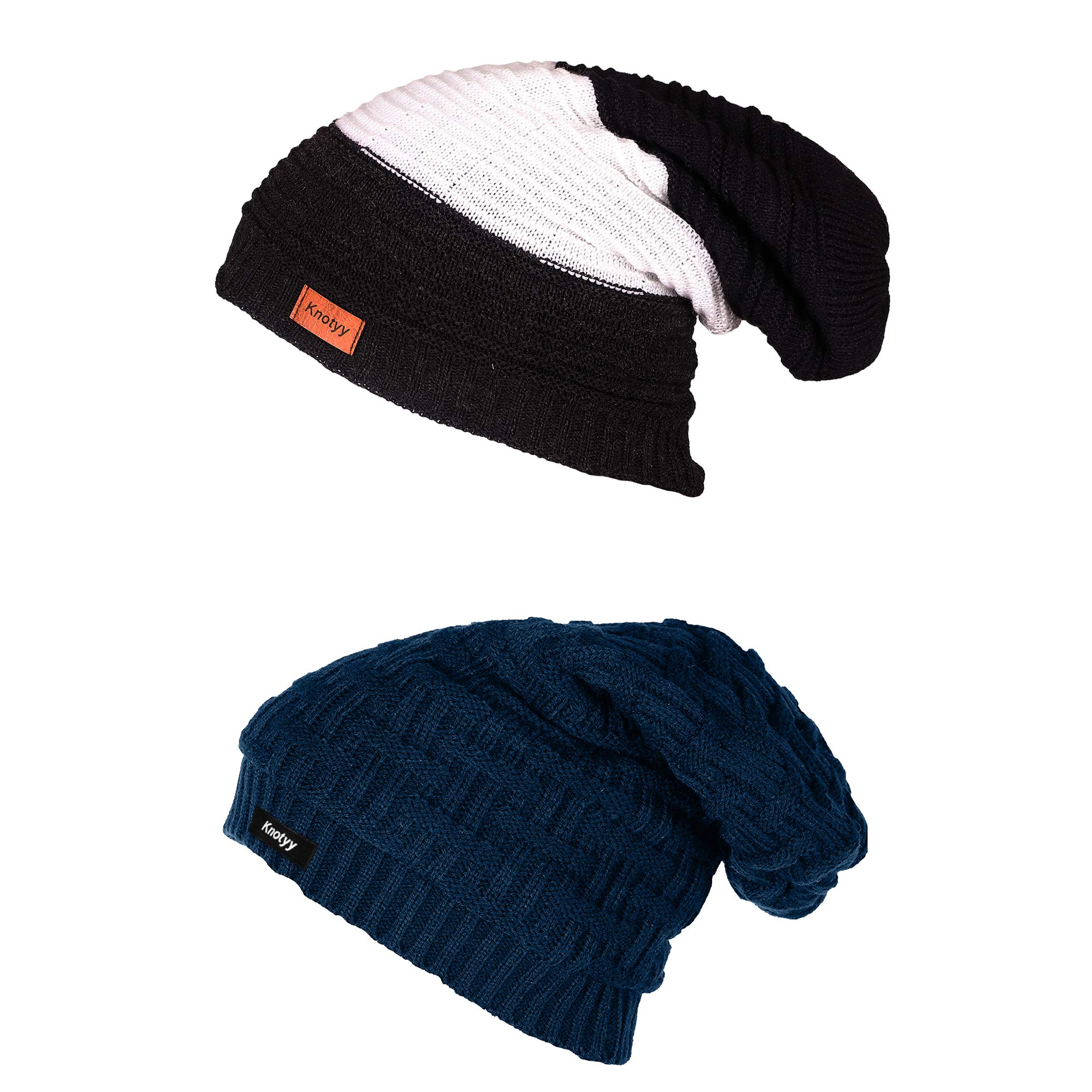KnotyyUnisex Combo Woollen Caps, Knitted Slouchy, Skull Beanie Cap for Men and Women (Multicolour) Pack of 2