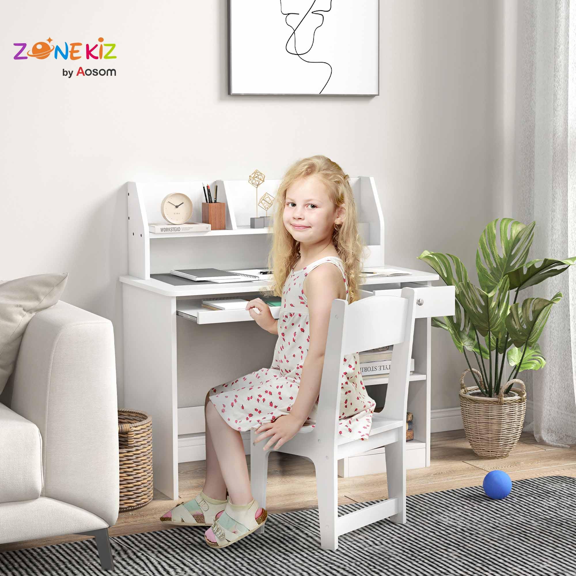 ZONEKIZ Tavolo Scrivania per Bambini con Sedia, Banco Scuola per Bambini da 5 a 8 Anni in Legno con Scaffale e Seggiola, Bianco