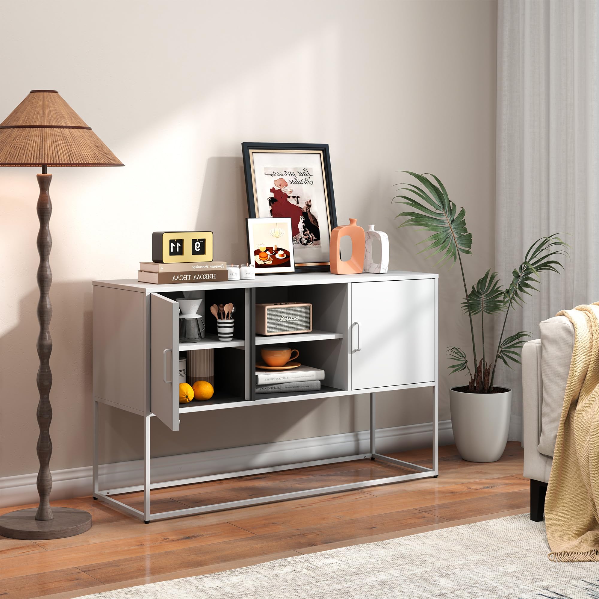 Sideboard, 120 cm Breit Küchenschrank mit 2 Beweglich Regalen, Buffetschrank mit 2 Türen und offene Lagerung, Küchenbuffet für Wohnzimmer, Küche, Flur, Anti-Kipp Design(Weiß)