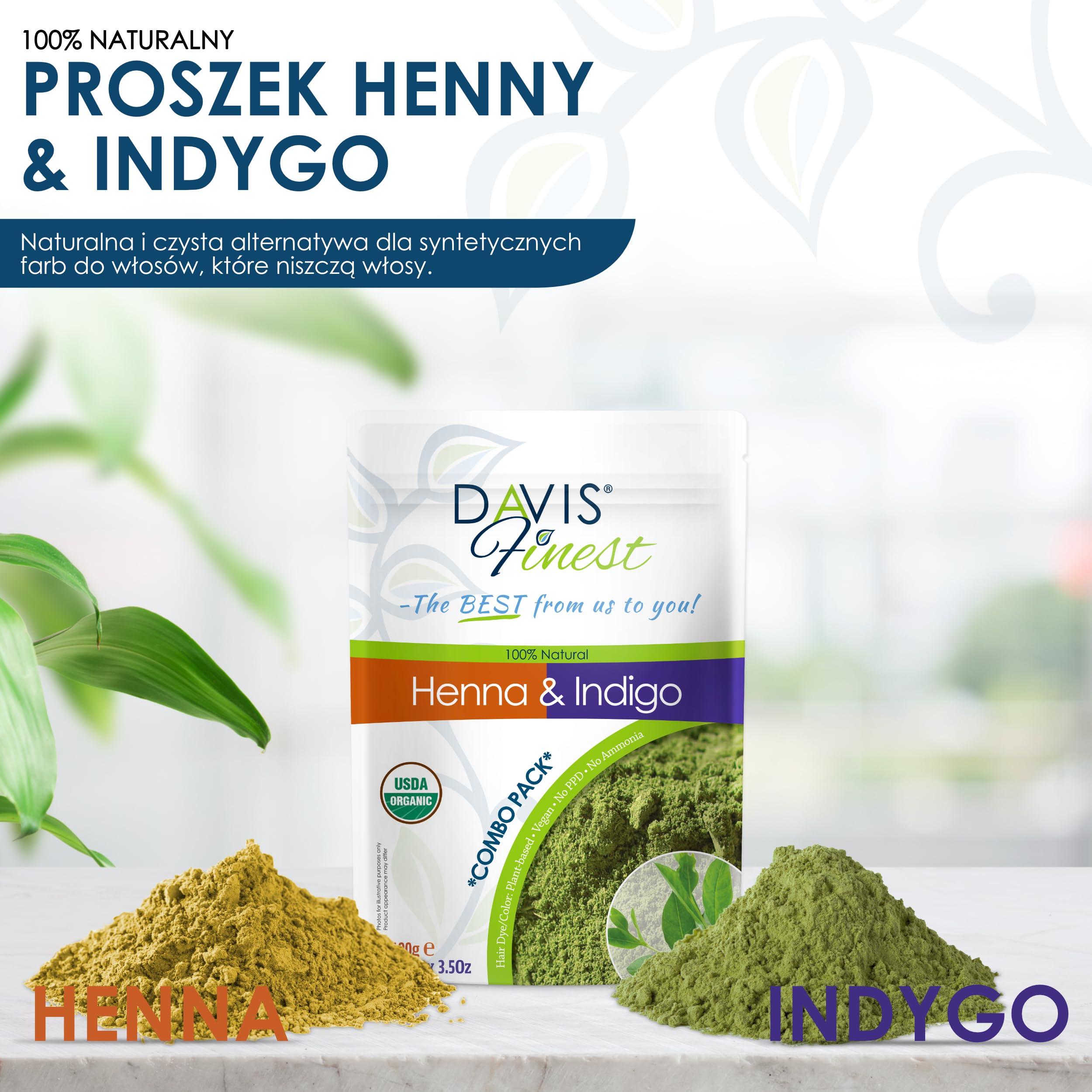 Davis Finest – Proszek Henny I Indygo – Zestaw 200g (po 100g Każdego Produktu) – 100% Organiczna Farba Do Włosów I Brody - Zmiękczająca, Zagęszczająca I Zwiększająca Objętość – Bez Ppd I Wegańska
