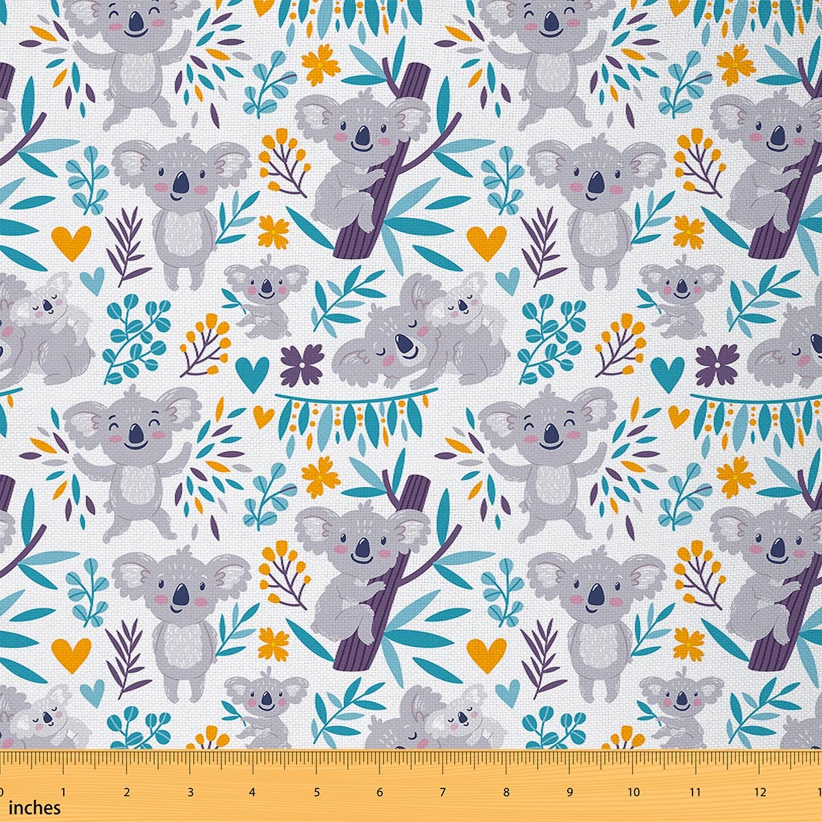 Koala Fabric by The Yard, Australia Wild Animal Upholstery, Leaf Floral Branches Botanical Decorative Fabric for Quilting, Sewing, Gift, Gray Blue, 1 Yard