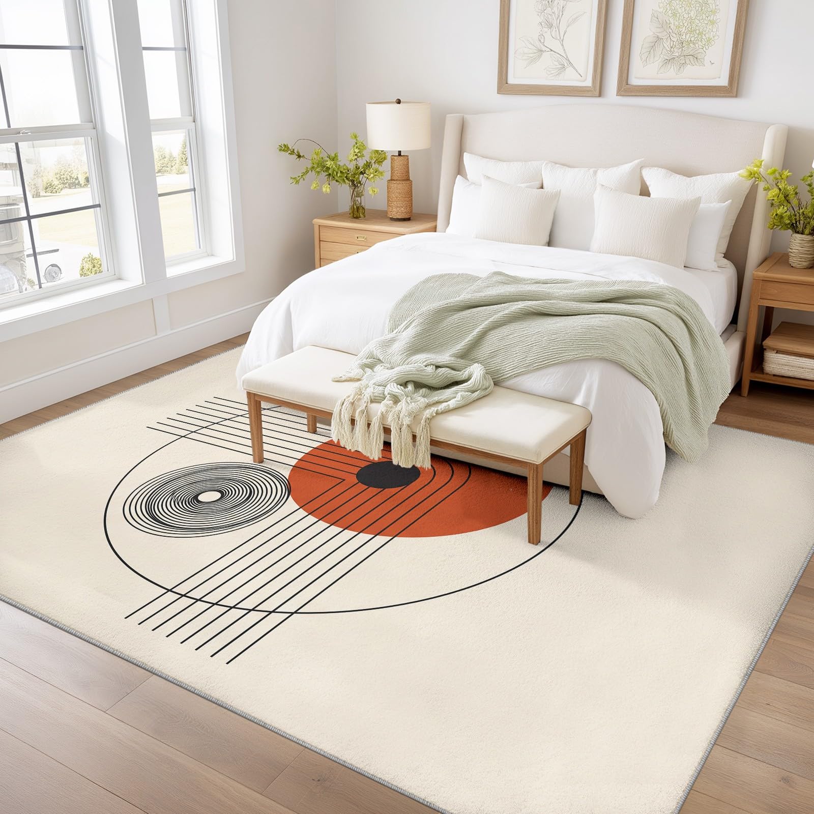 Minimalistisch Geometrisch Teppich, Boho Kreis Linie-Waschbarer Kurzflorteppich, Antirutschunterlage, Bodenteppich für Wohnzimmer Schlafzimmer Küche Esszimmer, 60 x 120 cm Beige