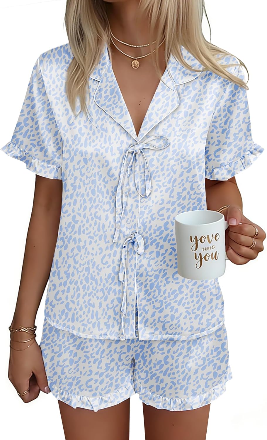 Ekouaer Satin Pajama for Women Short Sleeve Silky Pj Short Set Bow Front Tie Up Loungewear Sleepwear