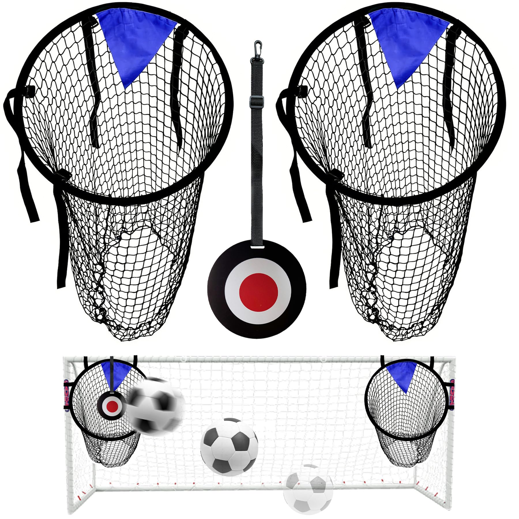 TZEKING 2Pcs Red de Objetivo de Fútbol, 2 Redes + 1 Objetivo Colgante, Contenedores Superiores para Entrenamiento de Tiro, Plegable con Correas Ajustables para Niños y Adultos