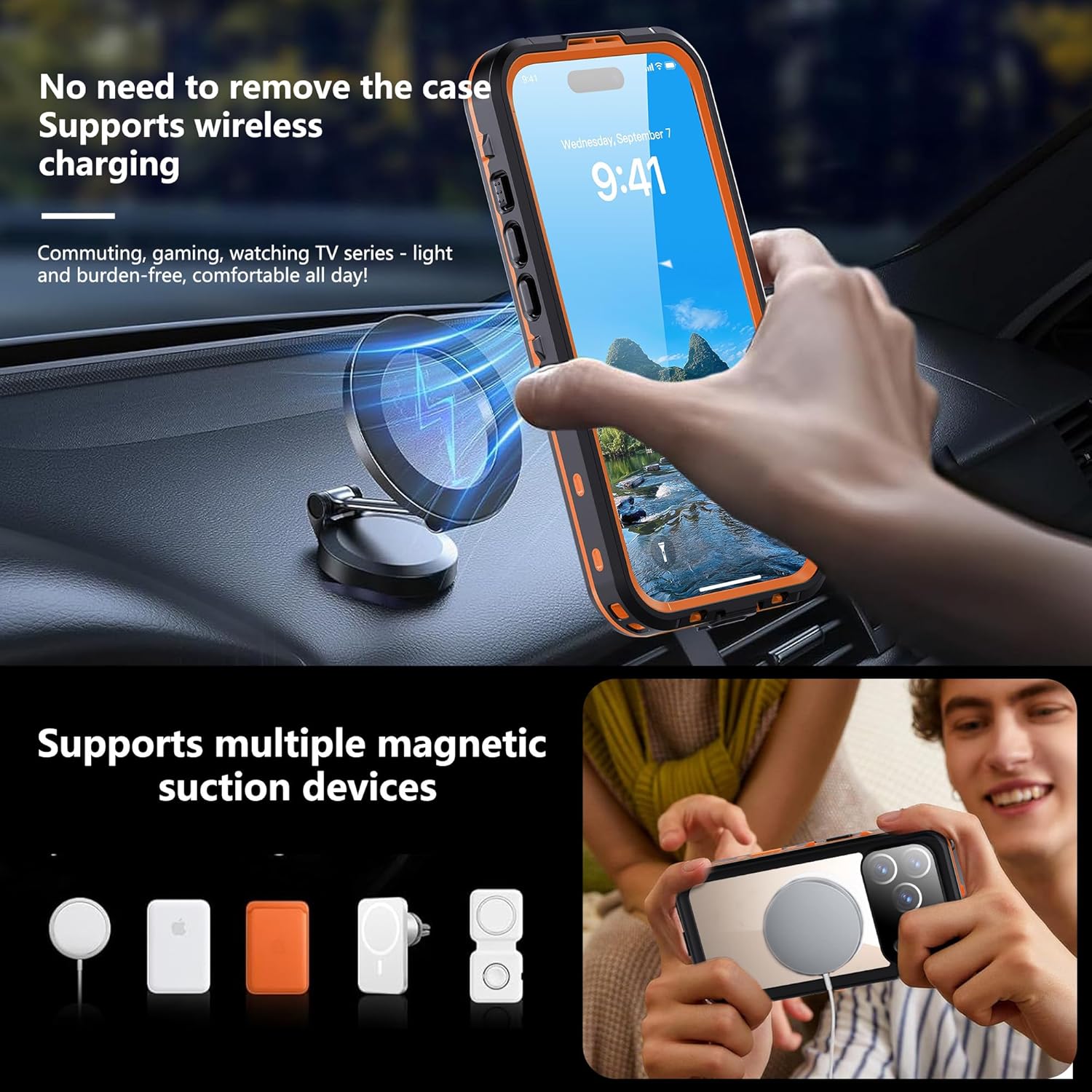 2-Layer Frosted Lens Protection Phone Case for iPhone 17 Pro (2025), IP68 Waterproof for Underwater, Compatible with MagSafe Wireless Charging,Orange