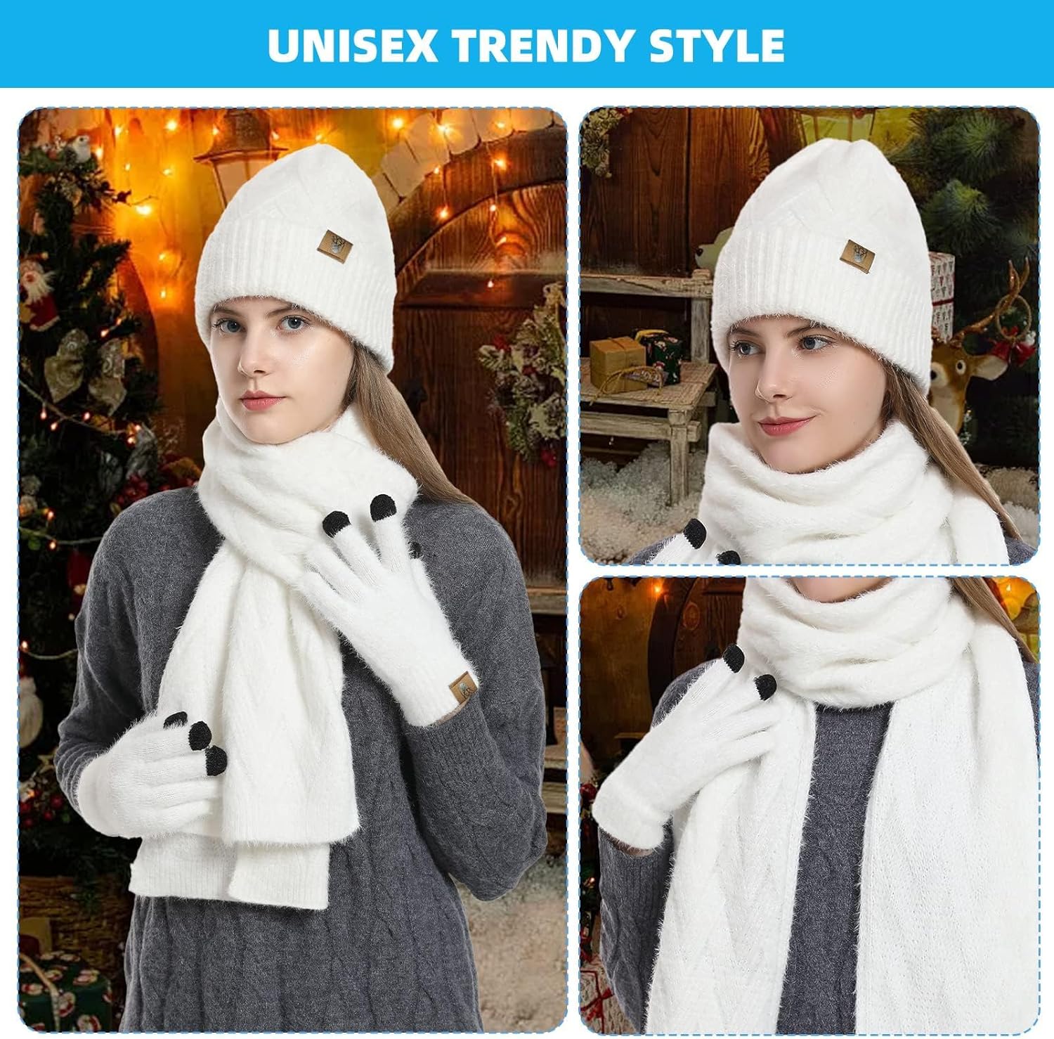Winter Knit Beanie Hat Scarf for Women with Touch Screen Gloves Set with Skull Caps Neck Warm Scarves for Women 3PCS/Set - Image 6