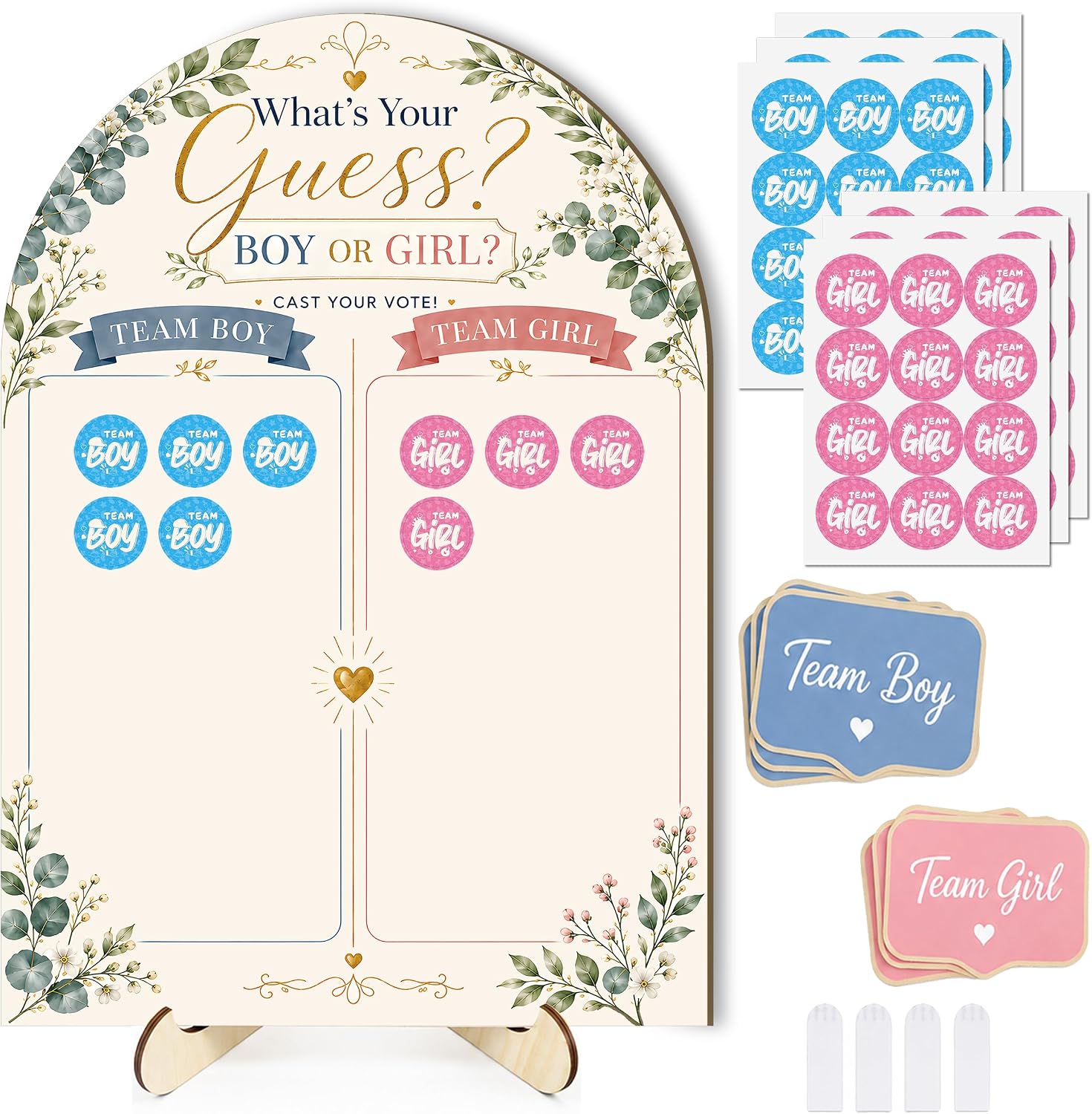 Gender Reveal Voting Board, Gender Reveal Games for Guests, Boy or Girl Guessing Board with 72 Team Boy Team Girl Stickers, 6 Handheld Signs, Table Stand & Wall Mount for Baby Shower Party