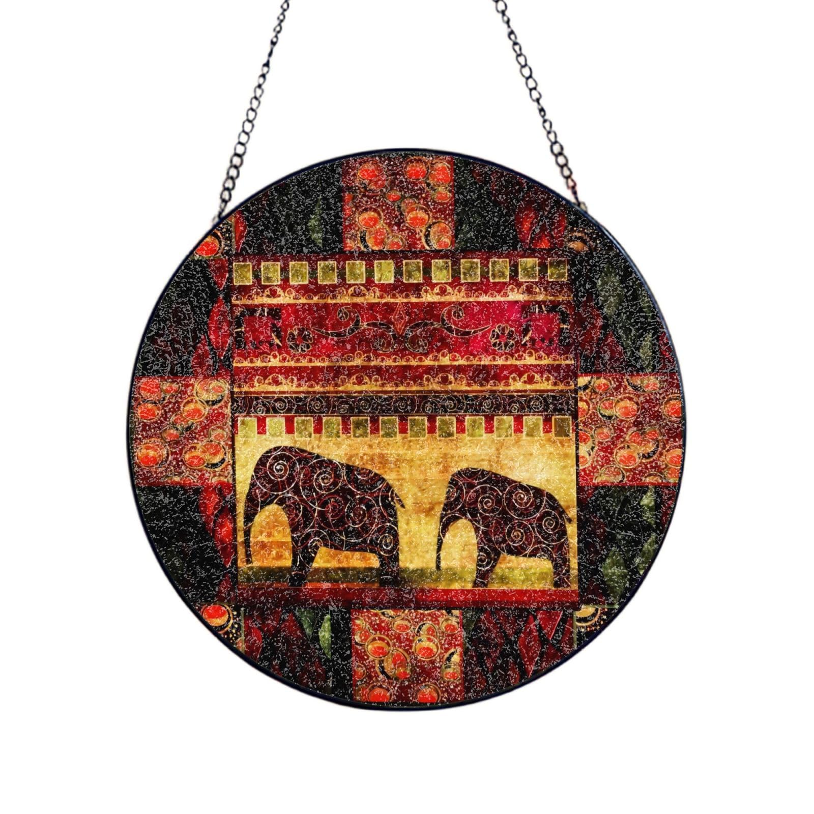 Phayah African Elephant Patchwork Print Glass Window Hanging Round Suncatcher Glass Ornament Garden Wall Fence Decorations Indoor Outdoor 12in（30cm）