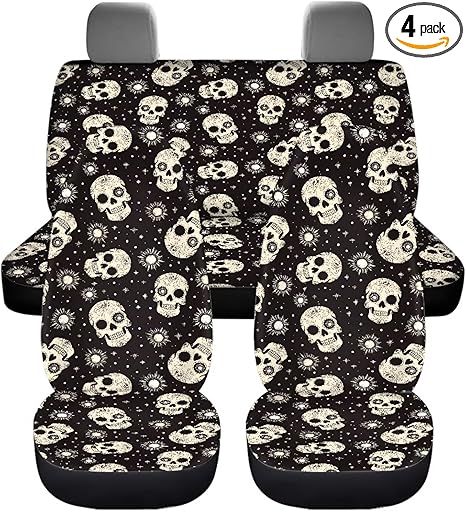 Skull Sun Stars Car Seat Covers 4Pcs Front & Rear Breathable Seat Covers Universal Fits for Truck, Sedan, SUV Auto Interior Protector Car Accessories Halloween Decor