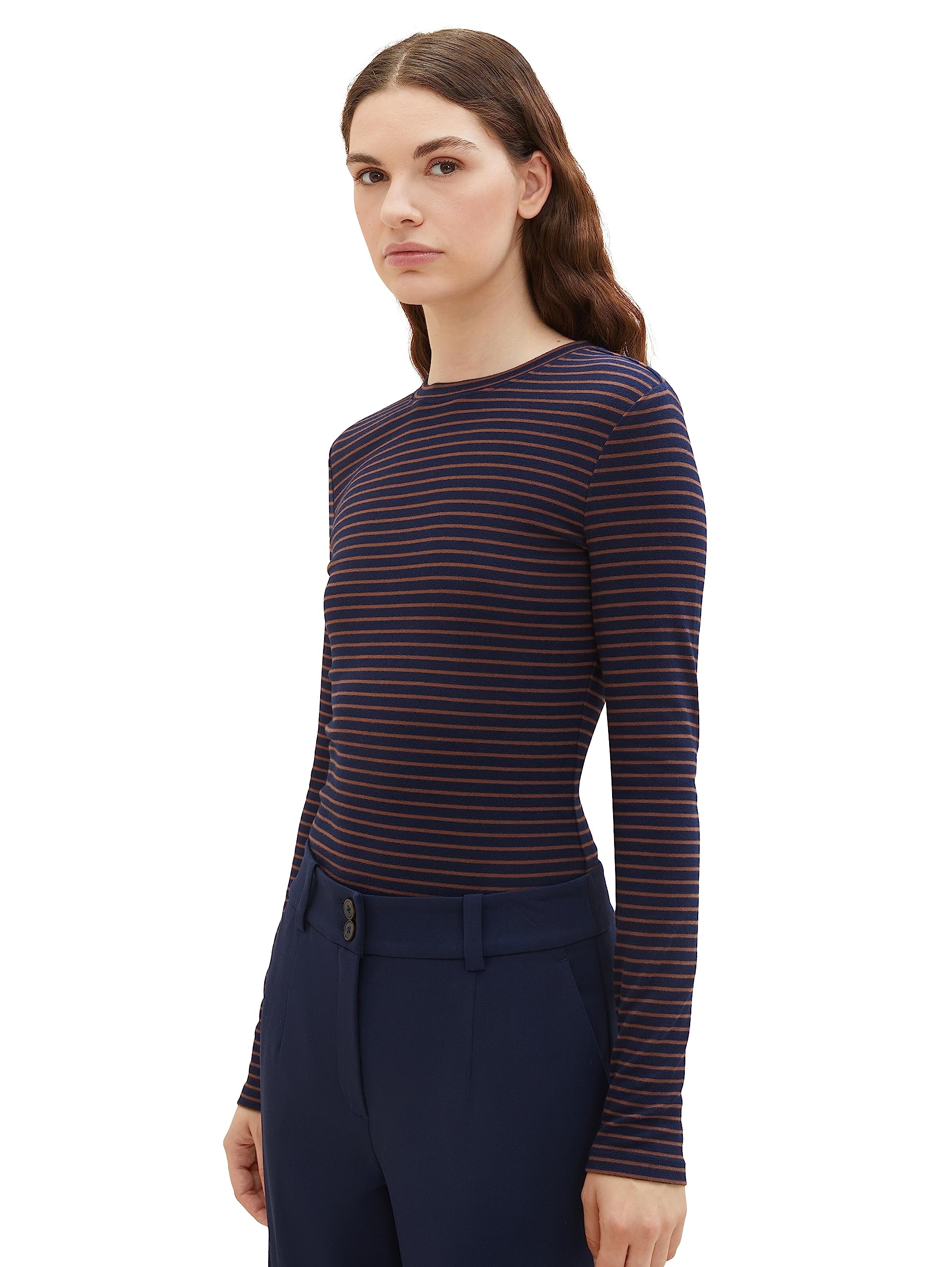 TOM TAILOR Denim Women's Long-Sleeved Shirt with Stripes, 34269 - Navy Brown Stripe, XS