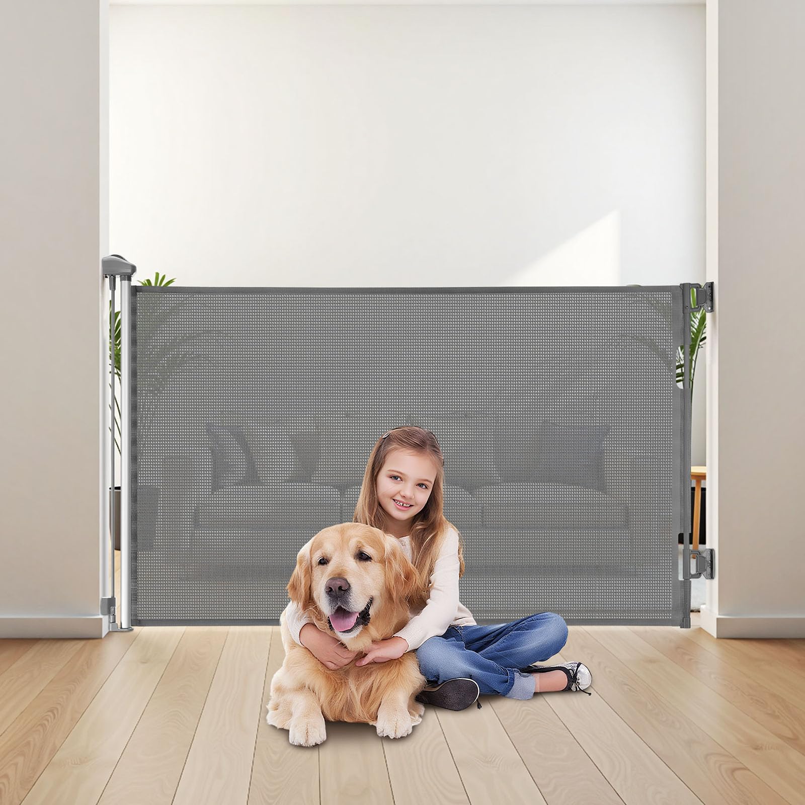VEVOR Cancelletto Retrattile, Installazione Interna 1450 mm di Larghezza, 980 mm di Altezza, con Strisce in Fibra di Vetro Rinforzata, Impedisce che Si Infilino, Cancelletto in Rete per Cani, Grigio