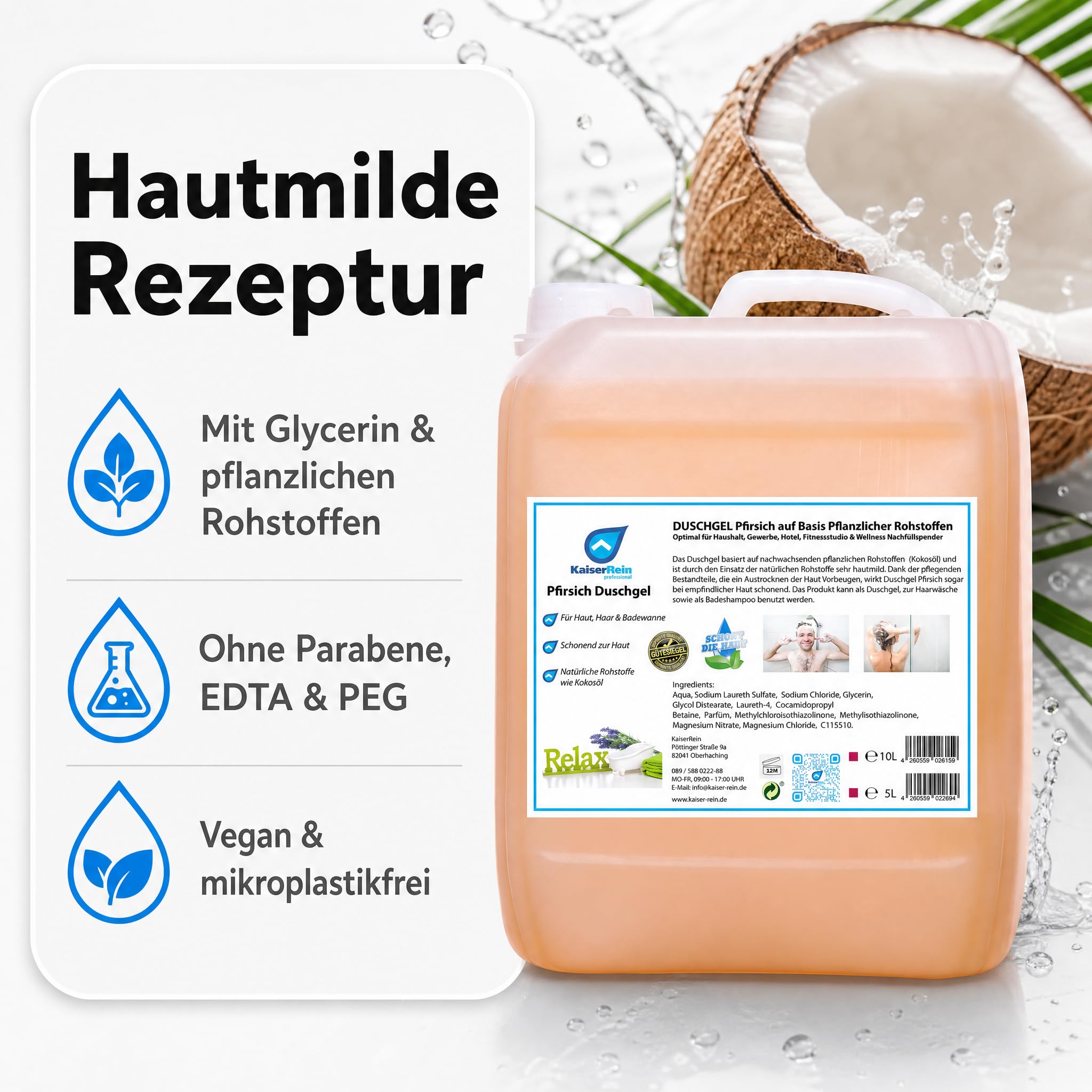 KaiserRein Duschgel Pfirsich, 10 L Kanister – 3-in-1 für Körper, Haare & Bad, Großpackung/Nachfüllpack für Duschgelspender, pH-neutral, vegan, mikroplastikfrei, paraben- & EDTA-frei
