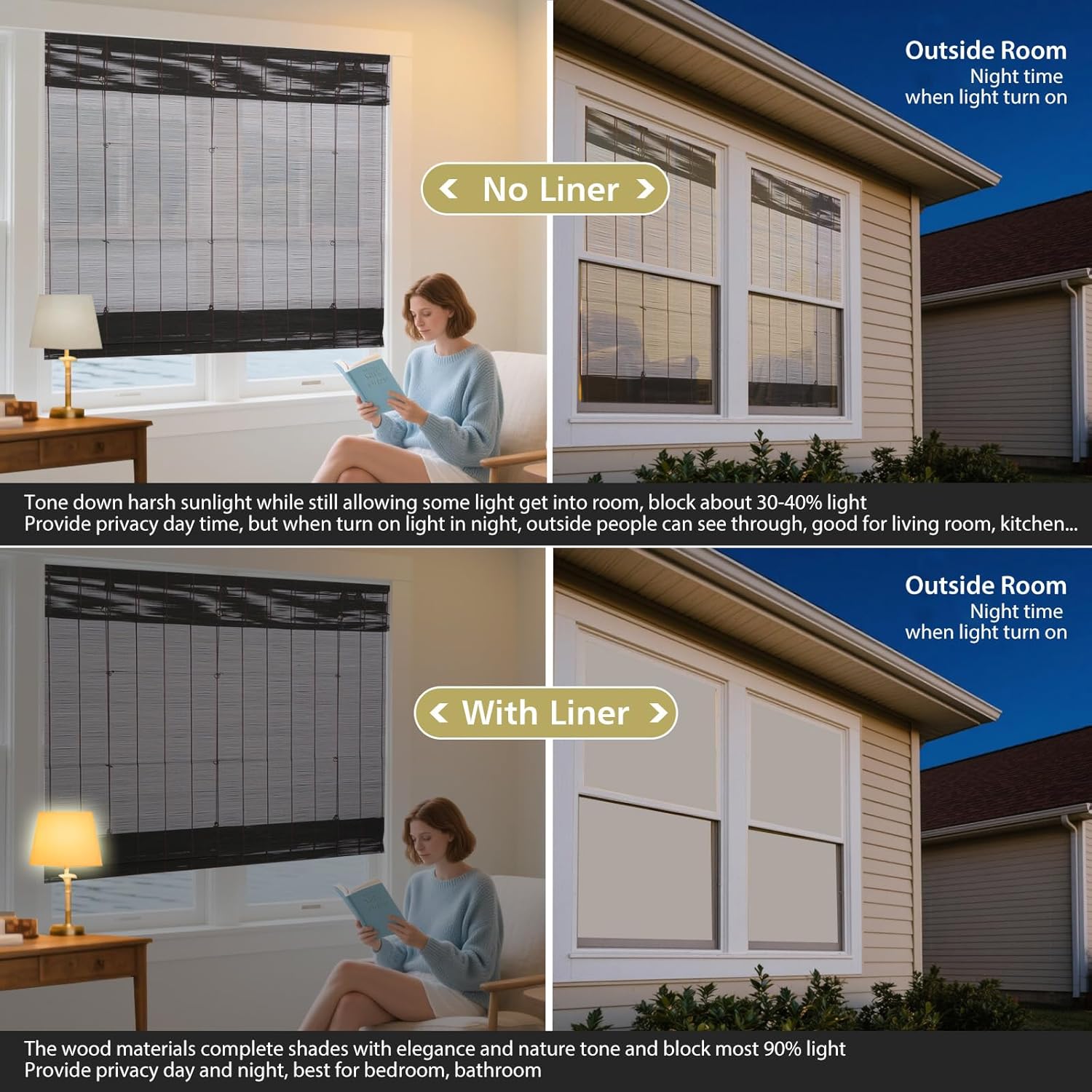 LETAU No Tools No Drill Cordless Wood Window Roman Shades, Bamboo Light Filtering Window Blinds for Indoor Kitchen, Office, Home, Brown - Indoor