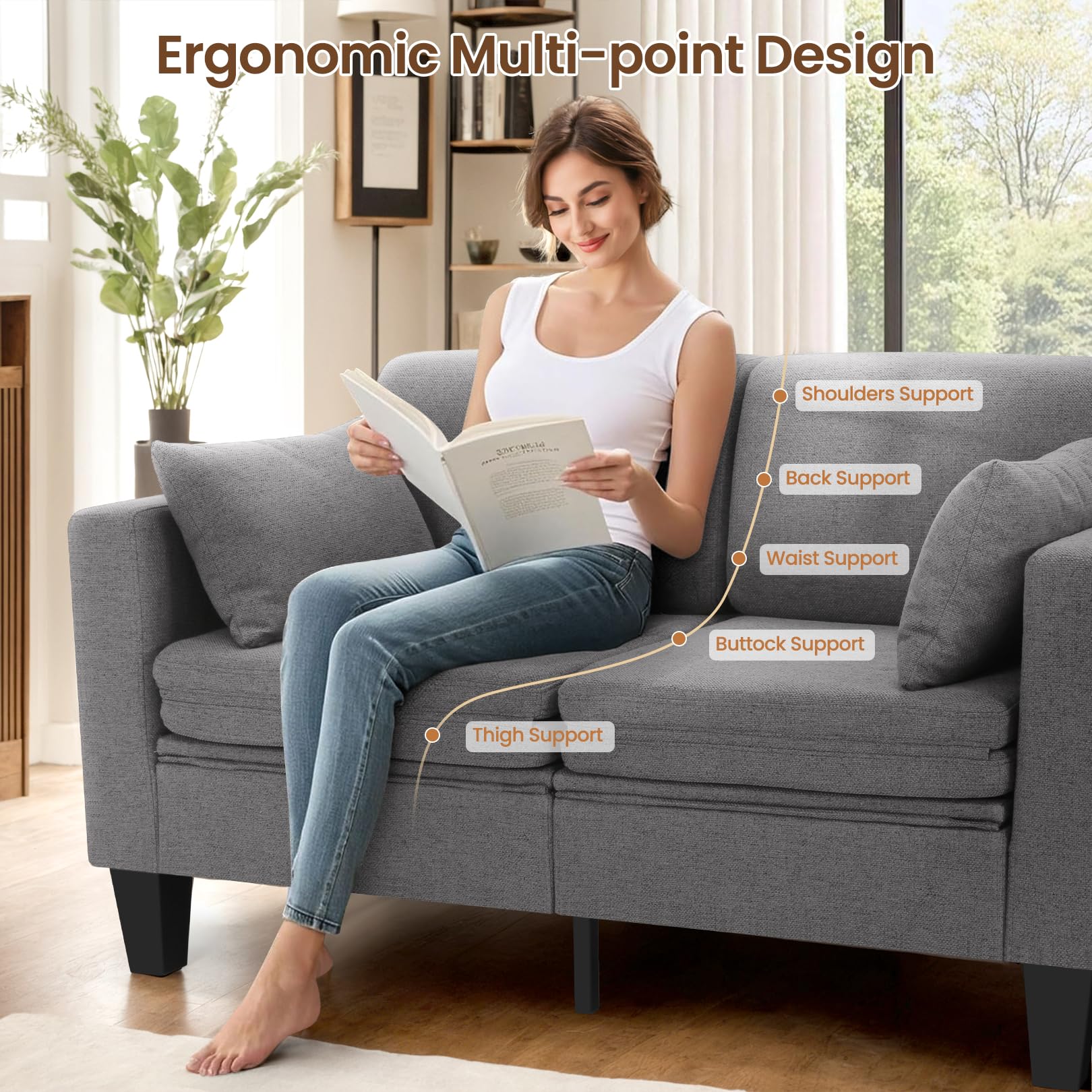 6-in-1 Convertible Sofa Bed, 58" Loveseat Sleeper Sofas, Gray | Pull Out Couch Bed with Removable Backrest, Storage Pockets and 2 Pillows, Modern Folding Linen Futon Couch for Small Spaces