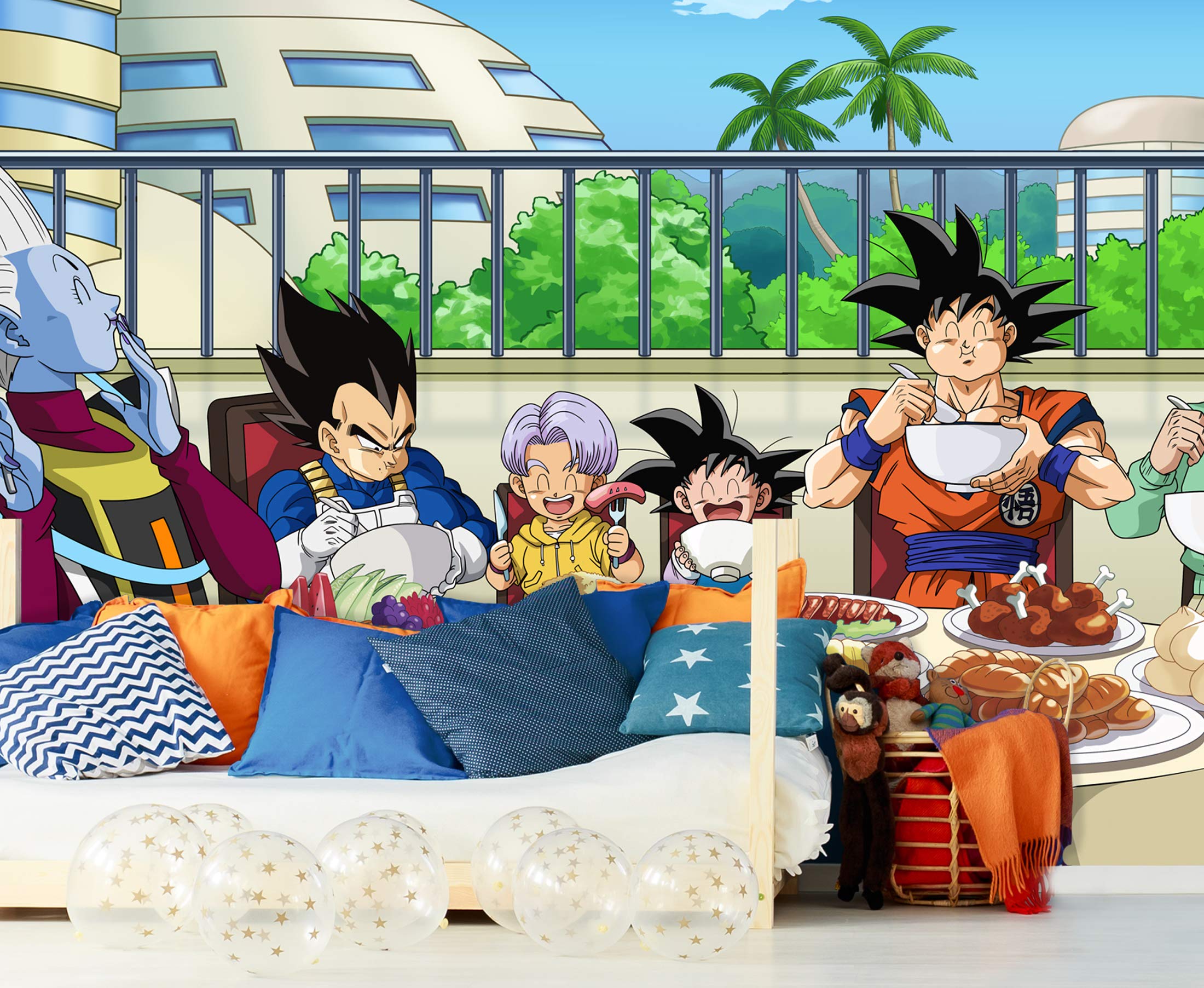 Oedim Fotomural Vinilo Adhesivo Dragon Ball Super Comida de Personajes, Producto Oficial, Vinilo Adhesivo Decorativo para Habitaciones, decoración para Paredes, DBS
