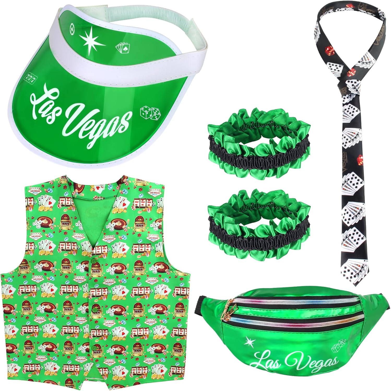 Kyson Casino Dealer Costume Set 5 Pcs Las Vegas Vest Poker Visor Fanny Pack Poker Bowtie Armbands for Halloween Game Party