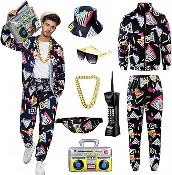 80s Outfit for Men - Vintage 90s Halloween Costumes for Men-Tracksuit Set with Hip-Hop Accessories