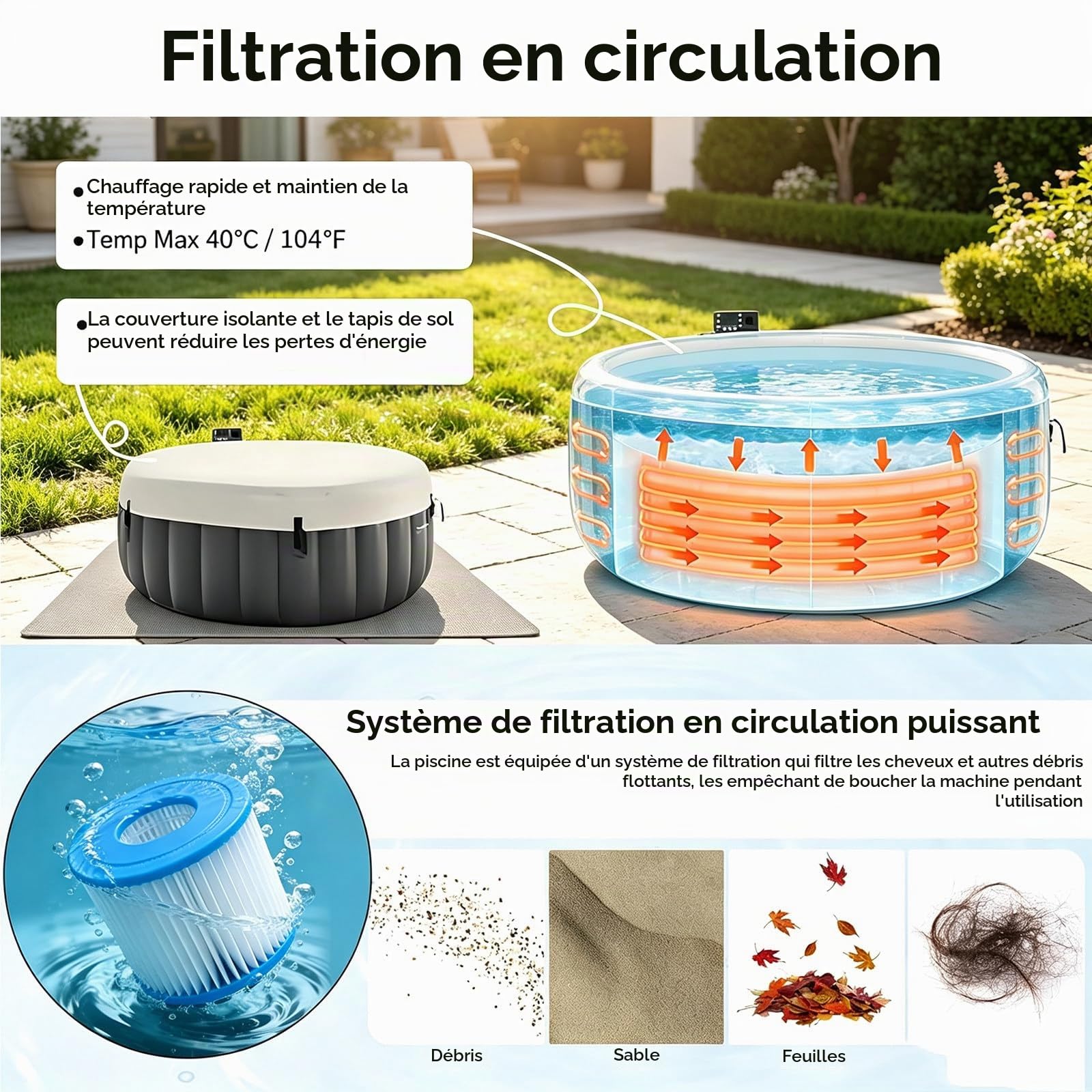 Spa Rigide 2-6 Personnes avec 150 Jets de Bulles 40℃ Chauffage Rapide Bassin de Massage en PVC Durable et Indéchirable pour Le Jardin, Le Balcon Et Le Camping 81x28in