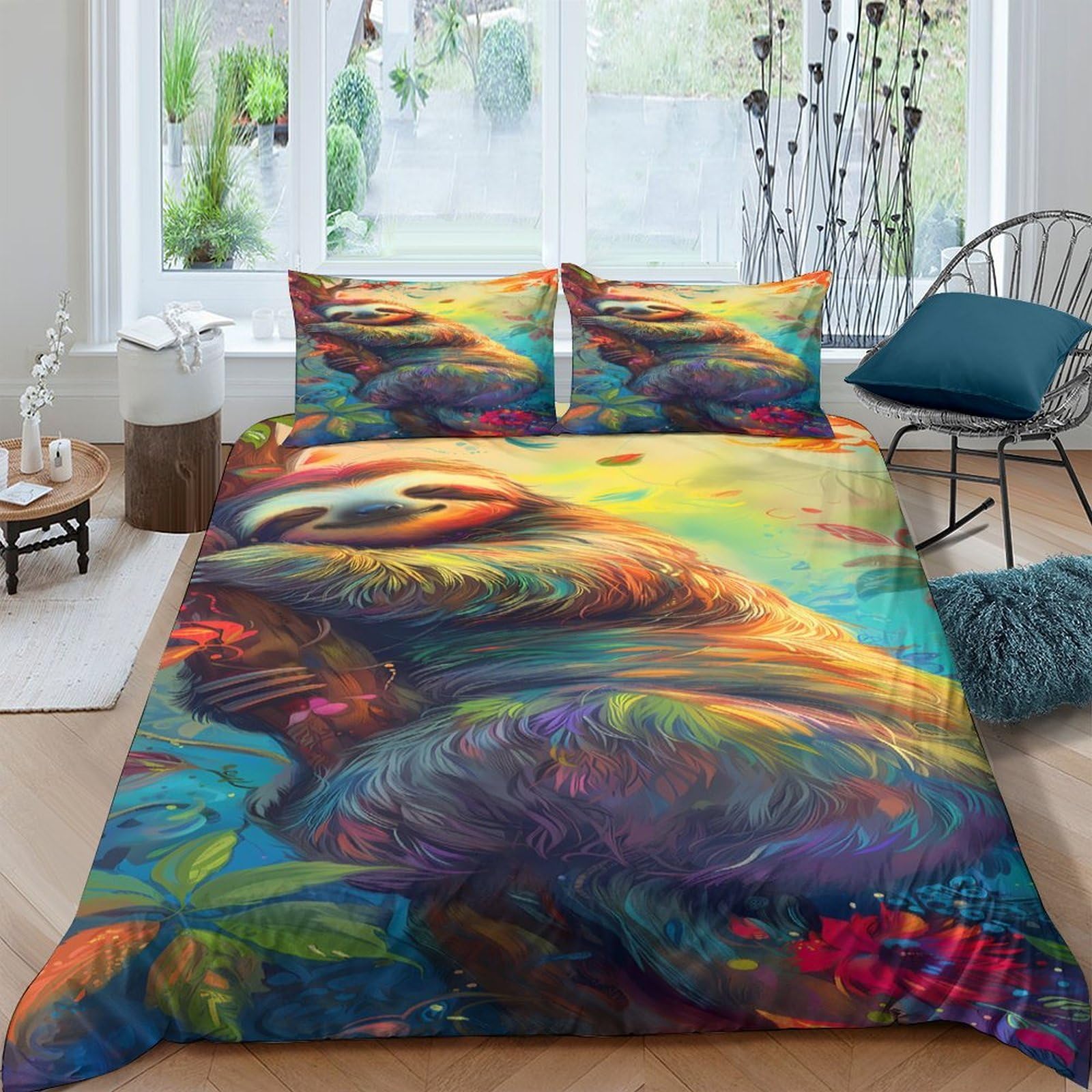 Ctjqhvkz Style-5 3D Printed Colorful Sloth Fitted Sheet Microfiber Soft Breathable Jungle Art Mattress Cover For Bedroom Decor Single（135X200cm）