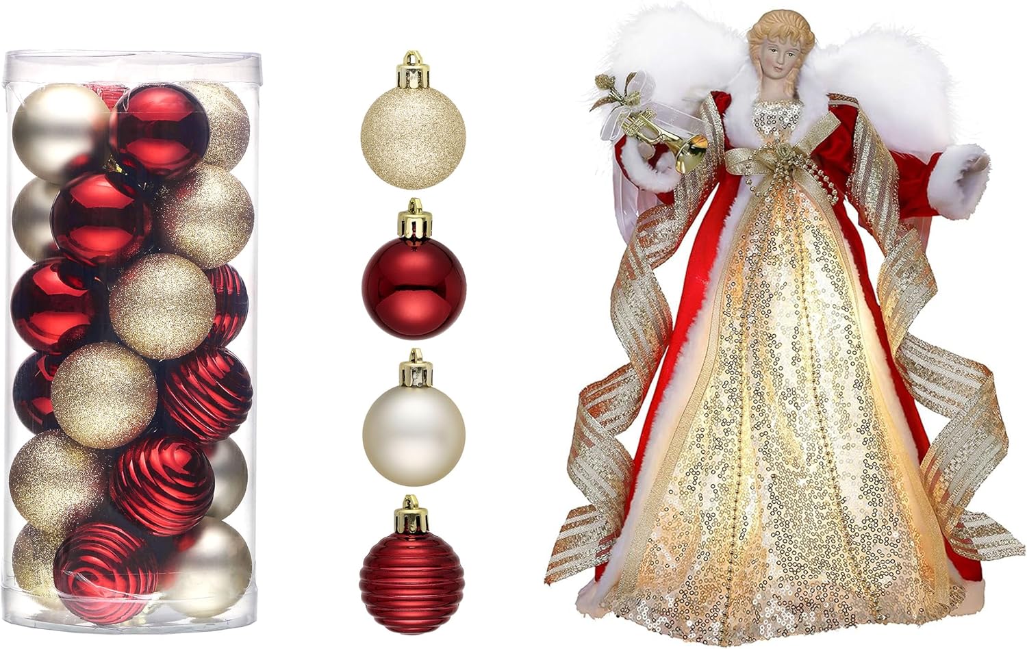 Valery Madelyn 1.57 Inches Small Christmas Tree Decorations Ornament&Lighted Christmas Angel Tree Topper with Timer（2 Items Buddle