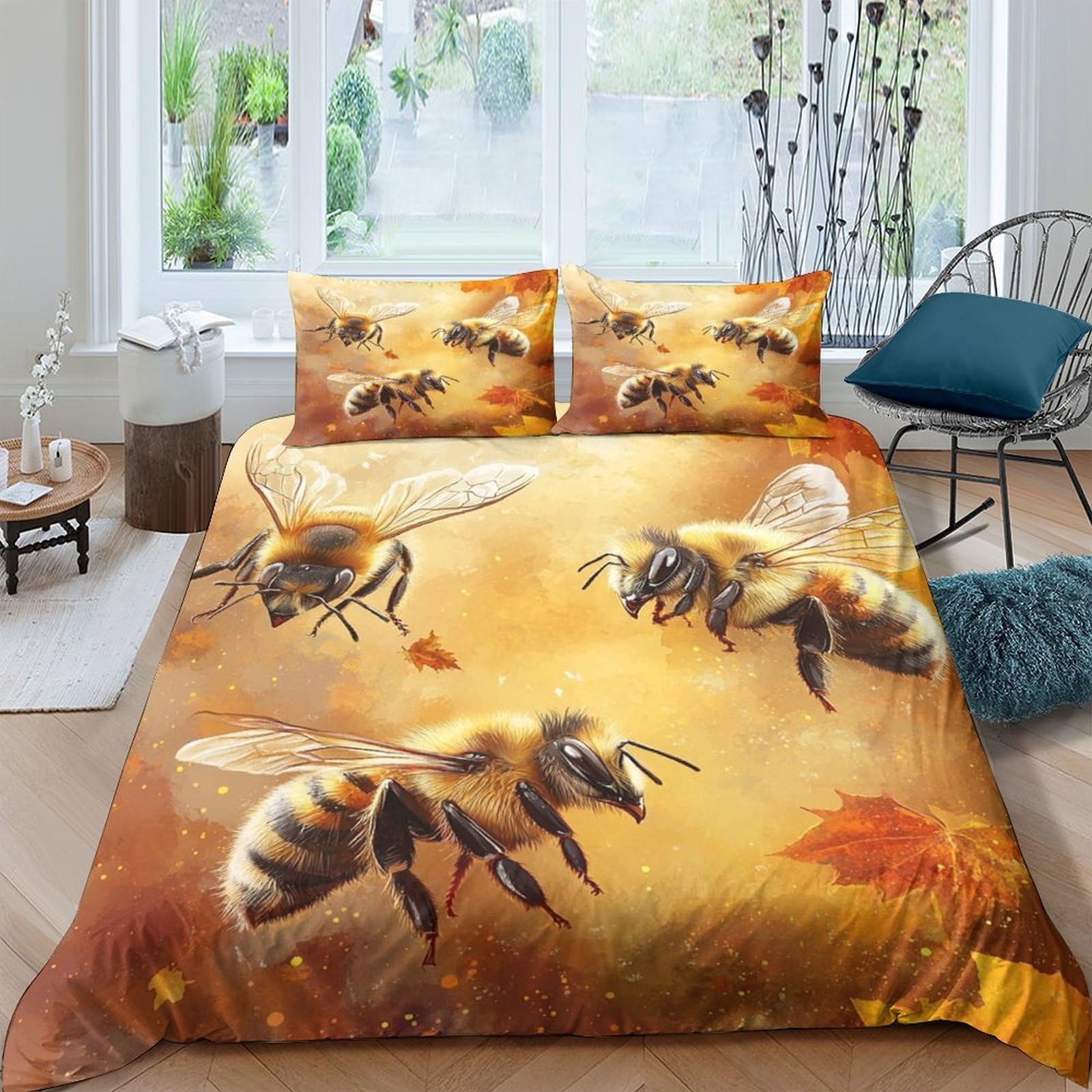 GPLZQXKJNH 3D Printed Bee Autumn Duvet Cover Microfiber Soft Breathable Honeycomb Bedding Set with 2 Pillowcases for Bedroom Decor, Single（135x200cm）