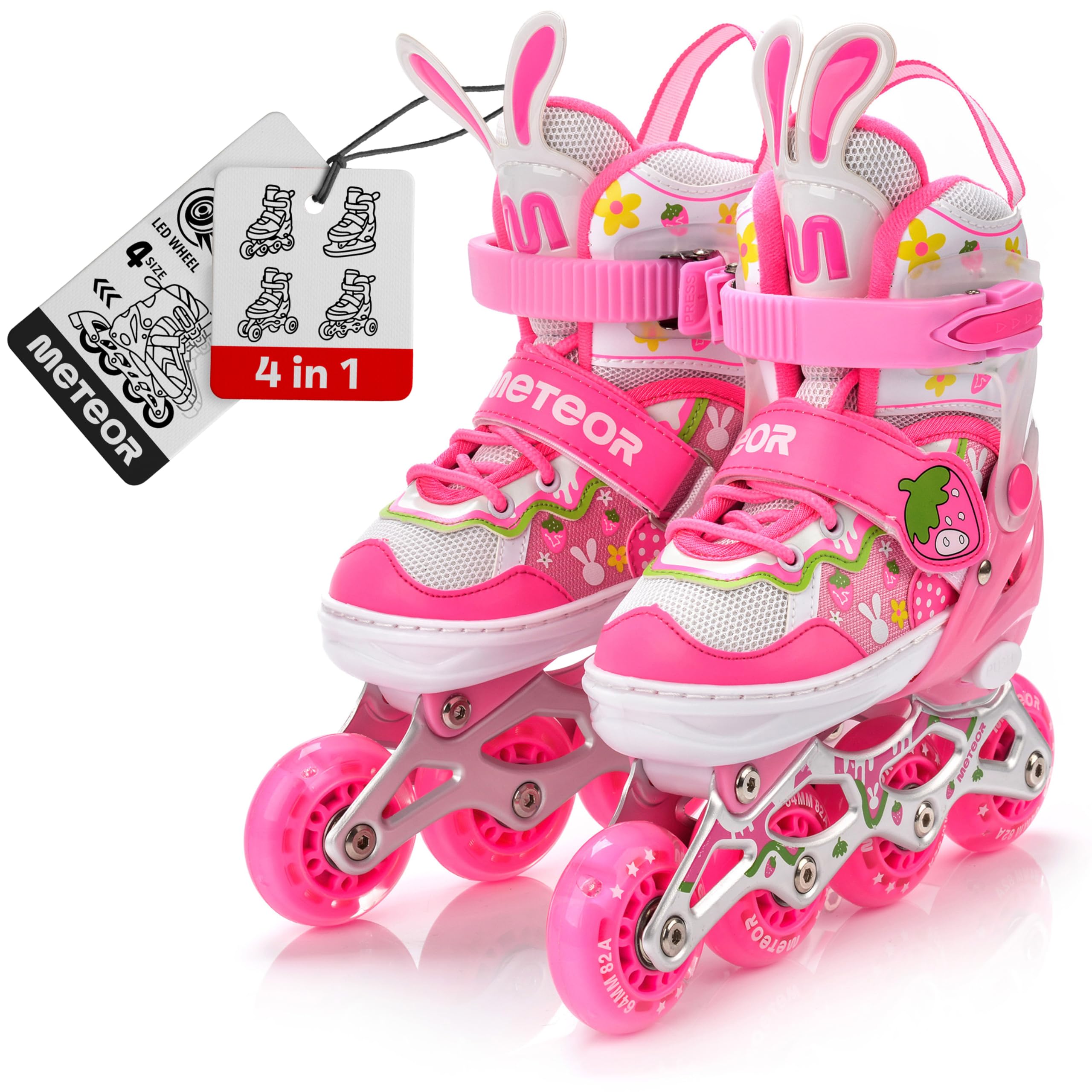 Meteor - 4in1 Roller Skates, Inline, Learning, Quad, and Ice Skates - 4Seasons Convertible Multipurpose - Size M - Colour Bunny for Kids - Big Wheels - ABEC 7 Bearings - Soft PU Wheels