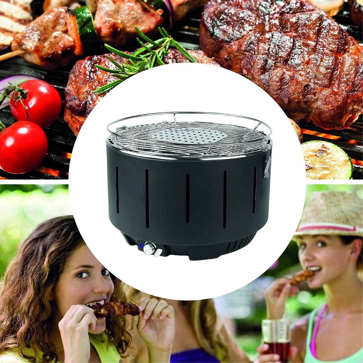 Barbecue a carbonella,Griglia Barbecue Carbone Senza Fumo con Interfaccia Mirco e Ventilatore Incorporato,Ventilato,Tre Minuti di Riscaldamento, per Famiglia, Giardino, Balcone,Campeggi
