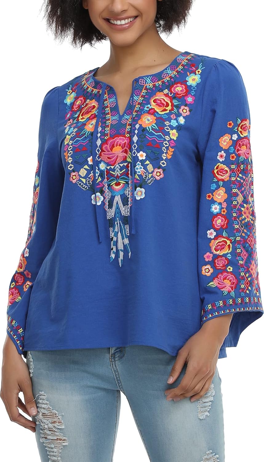 YZXDORWJ Women's Mexican Long Sleeve Blouse Embroidered Traditional V Neck Top Boho Tunic