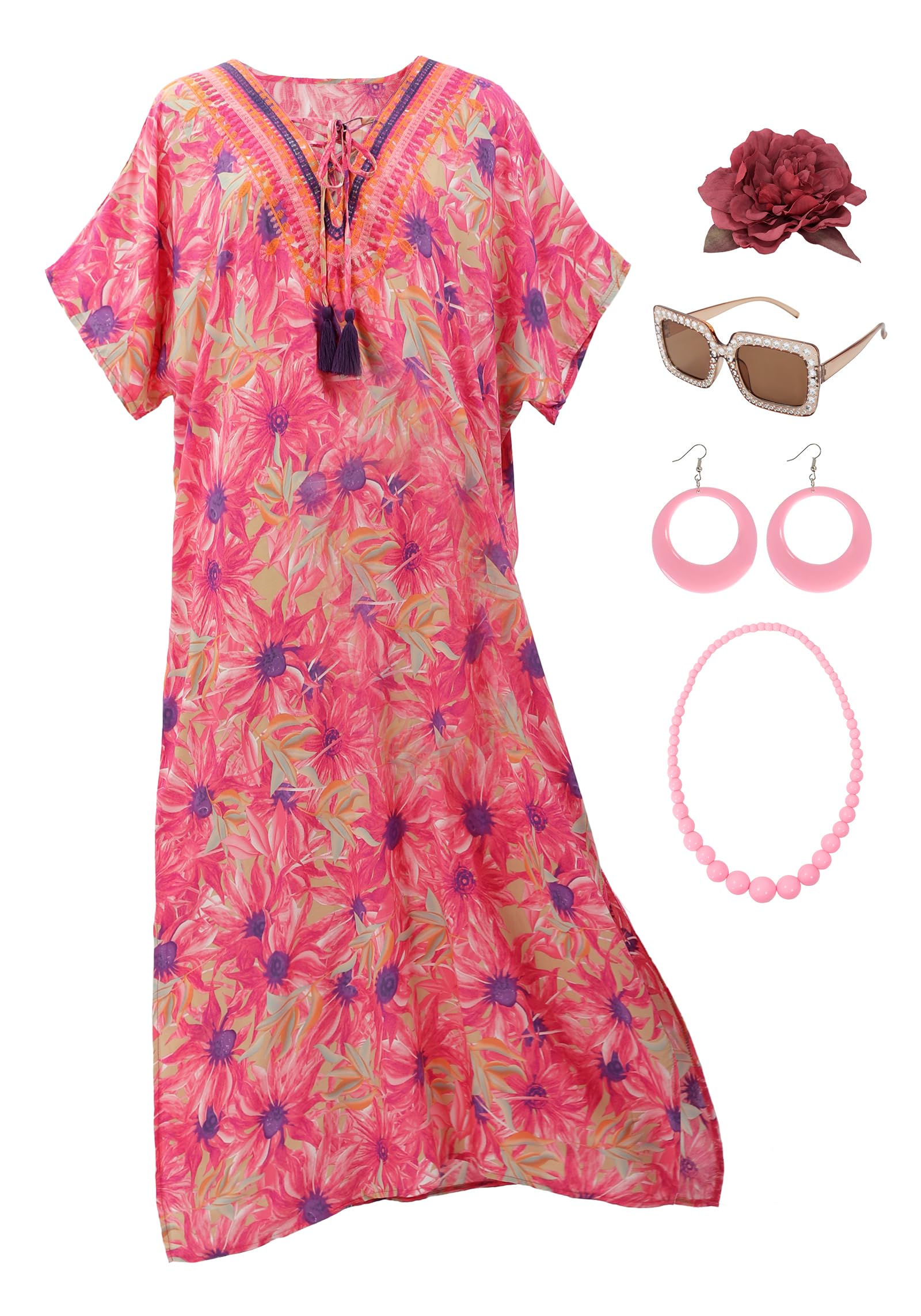 PROCOS Vestidos caftán para mujer, vestido maxi de playa con estampado floral con collar, aretes, lentes, disfraz de Halloween