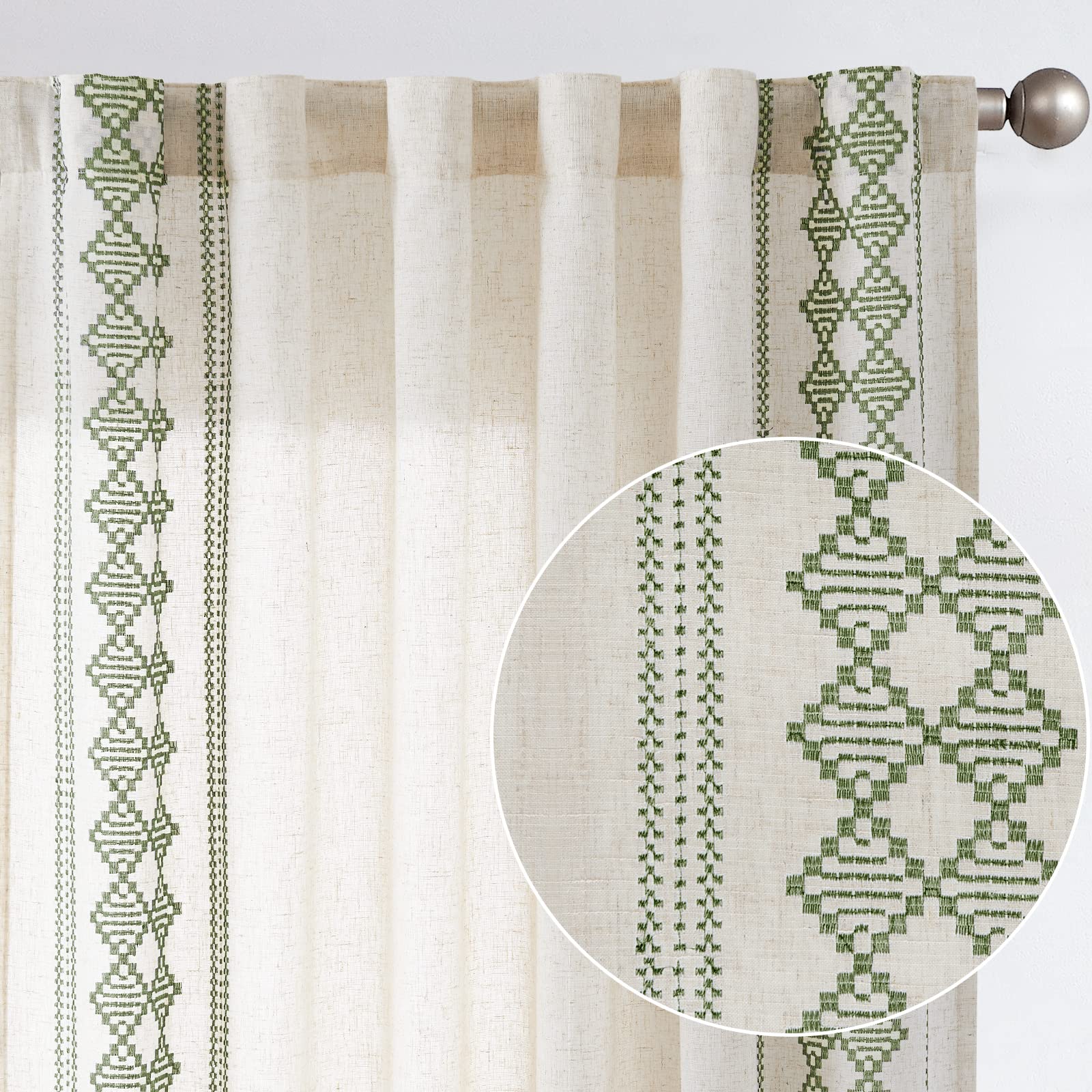 jinchan Boho Curtains Linen Curtains Beige Farmhouse Curtains 63 Inches Long for Living Room Sage Green Square Embroidered Bordered Back Tab Bedroom Window Light Filtering Bohemian Curtains 2 Panels