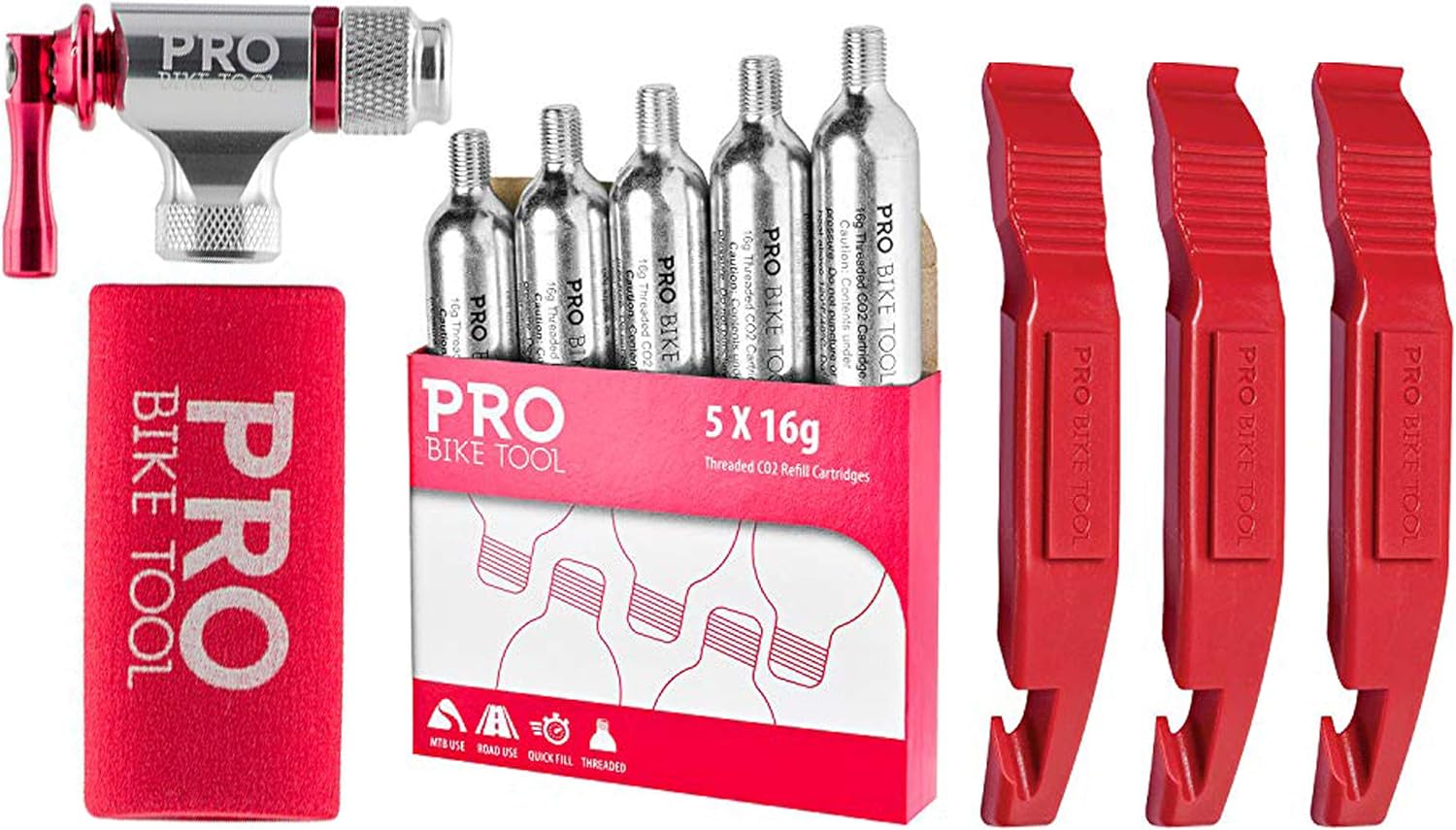 PRO BIKE TOOL CO2 Inflator + 5 x 16g Threaded CO2