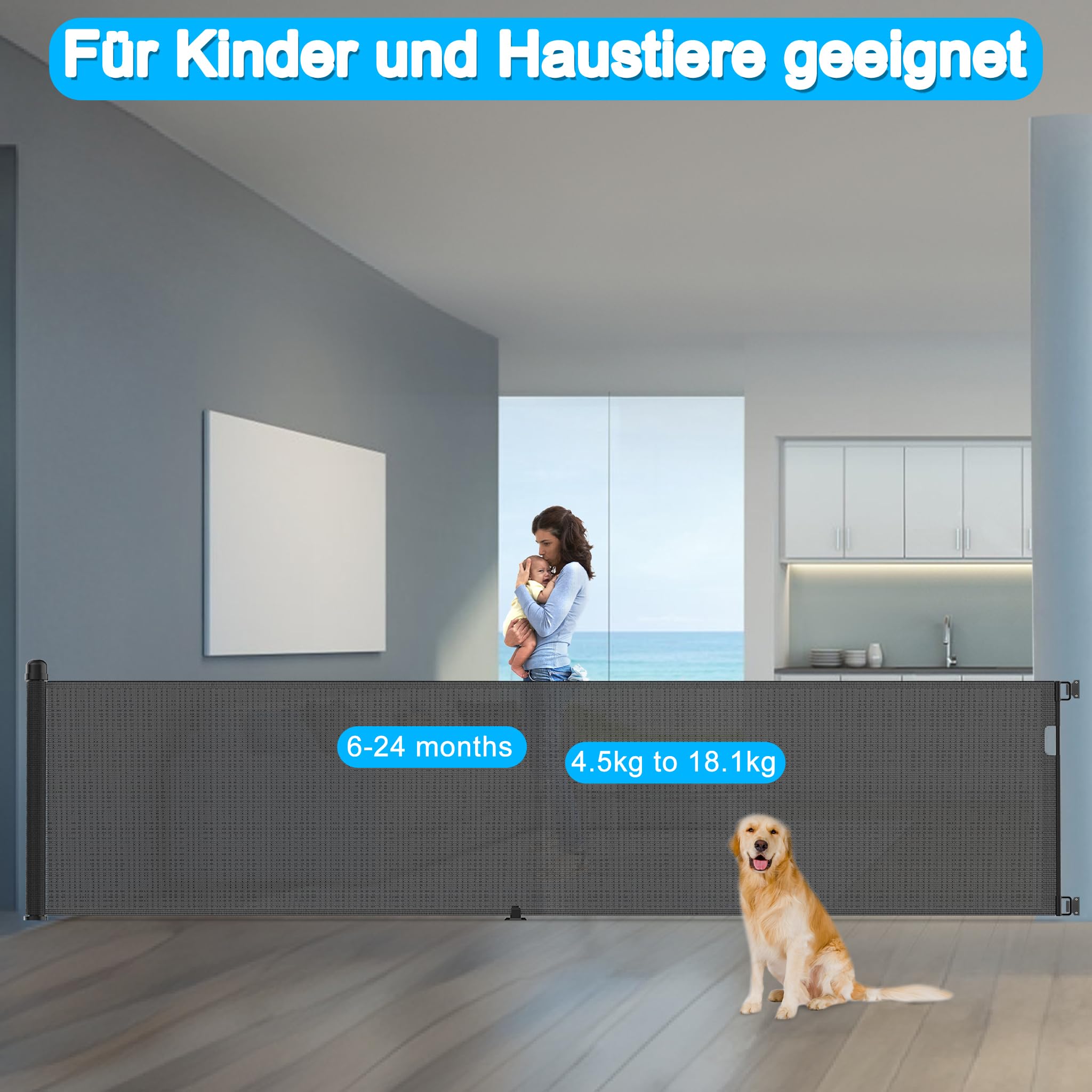 Aufun Treppenschutzgitter Ausziehbar 300cm, Türschutzgitter Baby, Absperrgitter Schutzgitter Treppe für Katzen und Hunde, Extra Breit Babygitter, Treppenschutzrollo für Innen Außenbereich, Schwarz