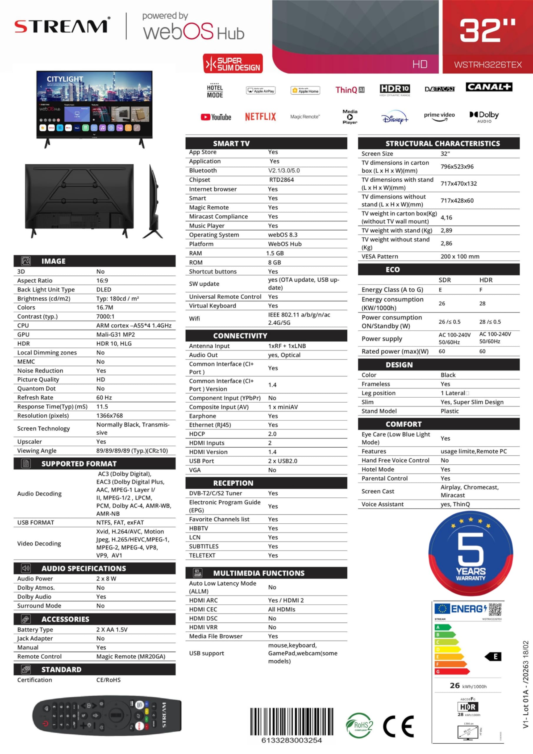 Stream System - WebOS 8.3, Smart TV 32", 5 anni di garanzia, HD Ready, Magic Remote Control, HDR10, frameless (senza cornice), controllo vocale (ThinQ AI) con modalità Hotel - Modello WSTRH3226TEX
