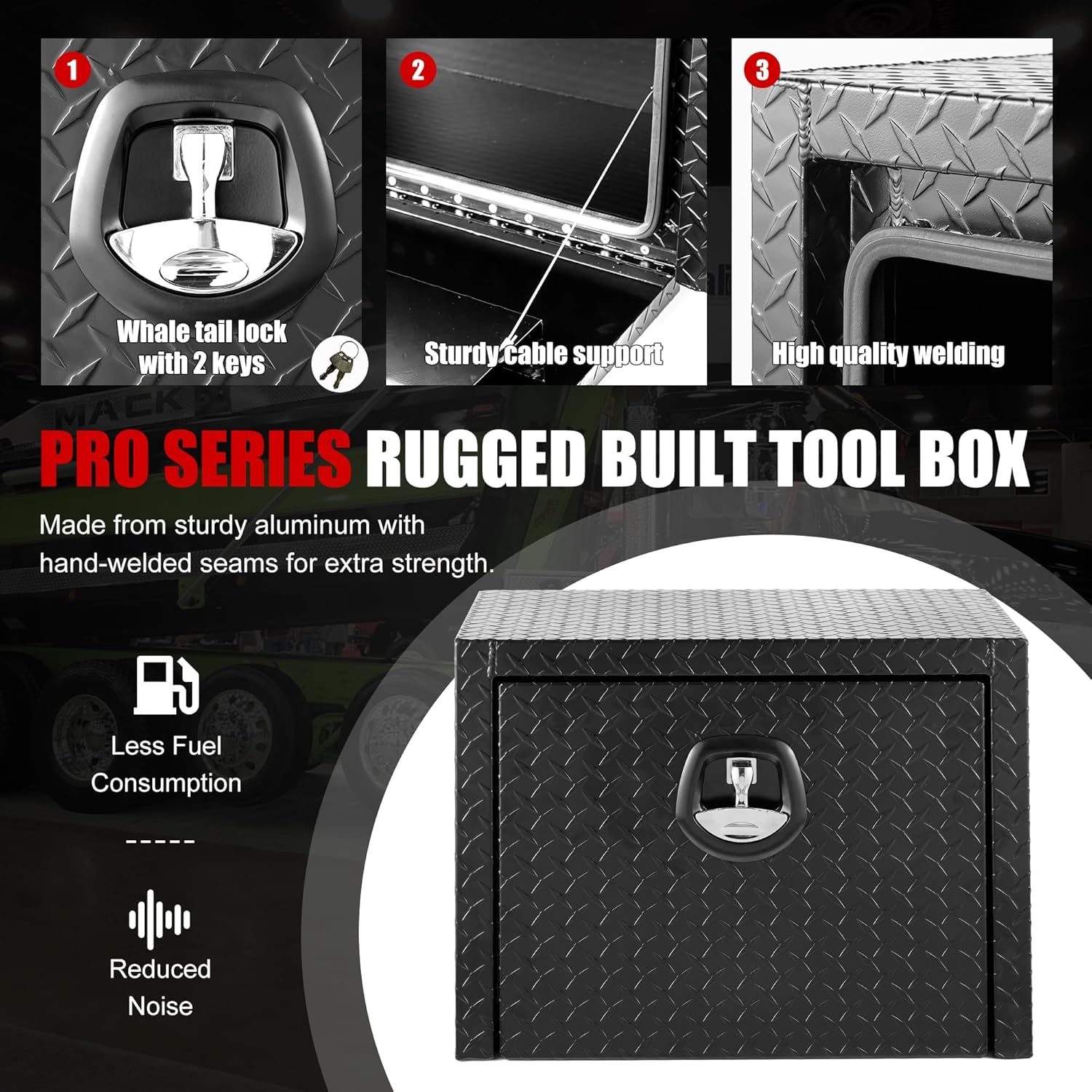 24 Inch Aluminum Underbody Truck Tool Box, Heavy-Duty Flatbed Tool box for Trucks & Trailers, Lockable Waterproof Storage Box – 0.100 in. Thick Aluminum Diamond Plate, Matte Black