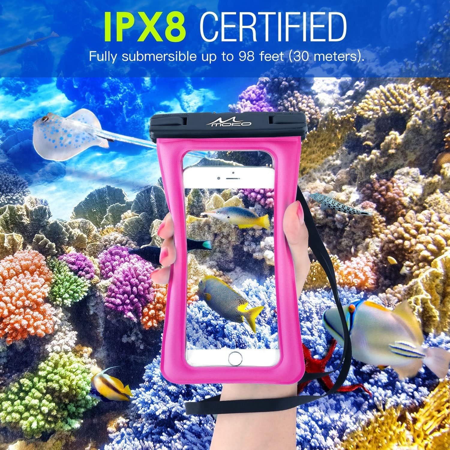 MoKo Floating Waterproof Phone Pouch Holder, Floatable Phone Case Dry Bag with Lanyard Armband Compatible with iPhone 14 13 12 11 Pro Max X/Xr/Xs Max,8/7/SE 3,Samsung S21/S10/S9/S8, Magenta