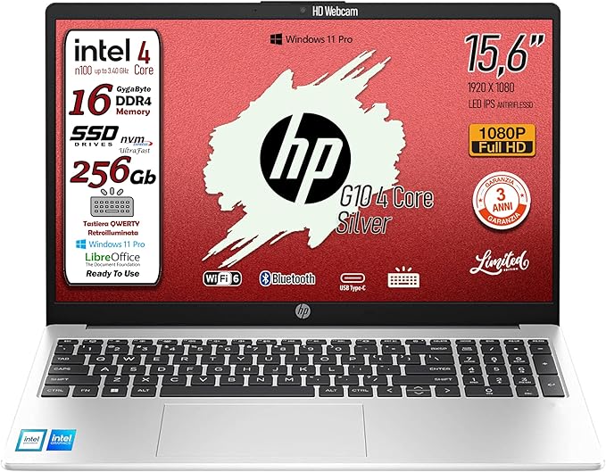 HP 250 G10 Notebook portatile, Ram 16GB, SSD 256Gb, Display FullHD 15.6", Cpu Intel N100 4Core fino a 3,4 GHz, tastiera retroilluminata, Win 11 Pro, 3 anni di garanzia, pronto All'uso, Italia