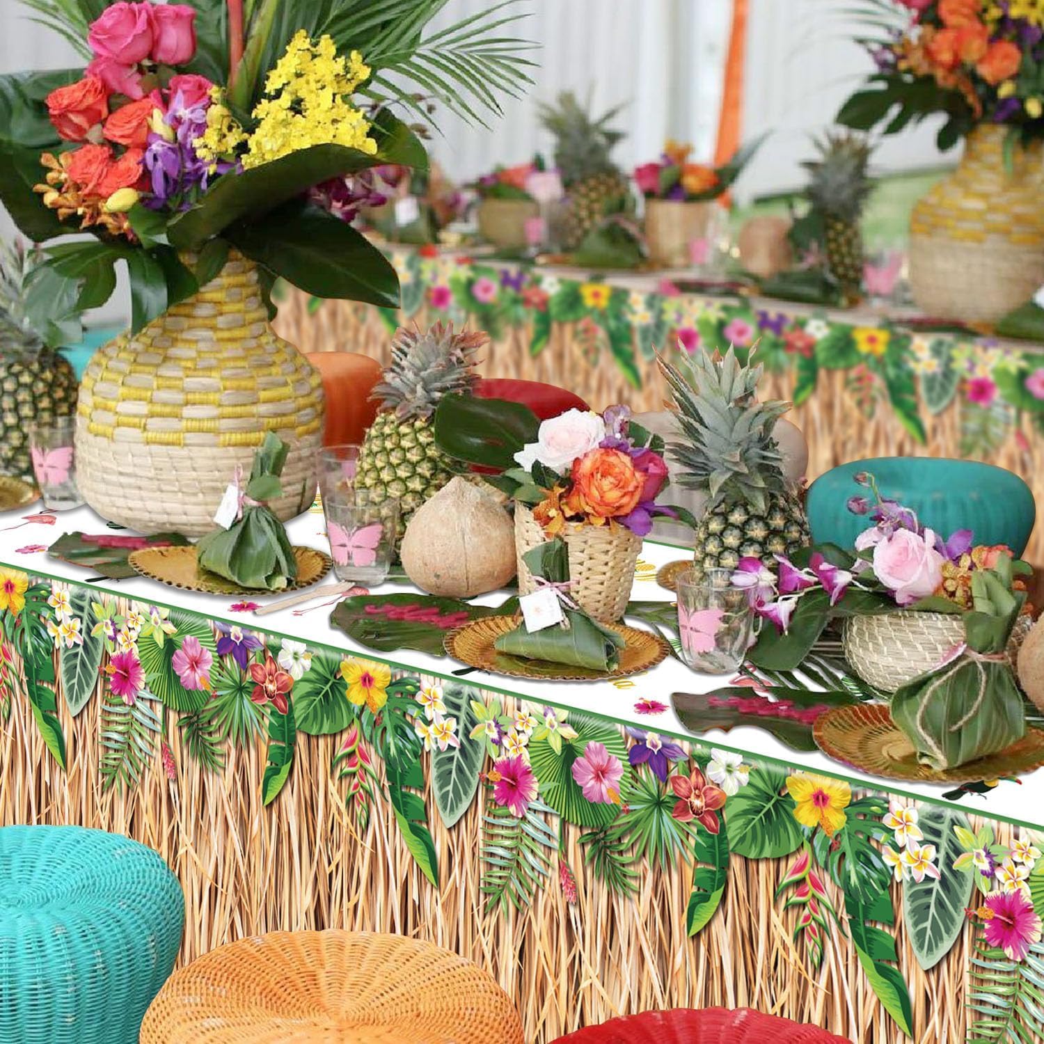 Hawaii Tischdecke Mit Kunstrasen & Blumen - 100x60cm Luau Party Dekoration