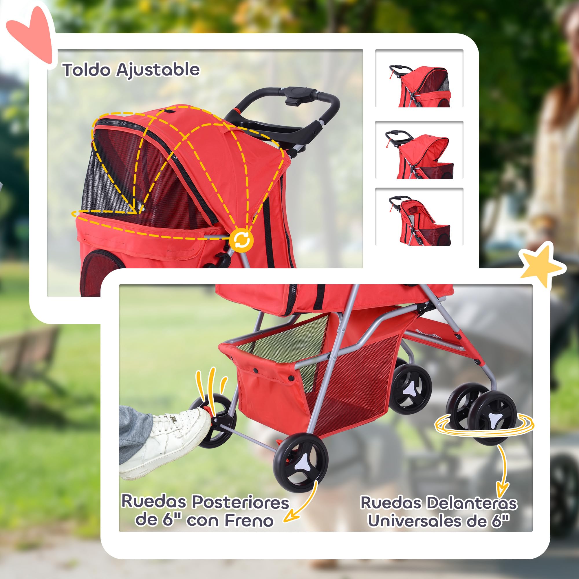 PawHut Carrito para Perros Plegable Cochecito para Mascotas Carrito para Perros Pequeños con Toldo Ajustable Cesta de Almacenaje 2 Ruedas Universales Carga 15 kg 77x45x99,5 cm Rojo