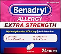 Benadryl Extra Strength 50mg Diphenhydramine HCl Antihistamine Tablets - Powerful Allergy Relief for Runny Nose, Sneezing, Itchy Eyes - 24 Ct