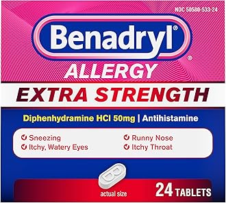 Benadryl Extra Strength Allergy Relief Medicine, 50 mg Diphenhydramine HCl Antihistamine Tablets for Relief of Allergy Symptoms Due to Hay Fever or Other Upper Respiratory Allergies, 24 ct