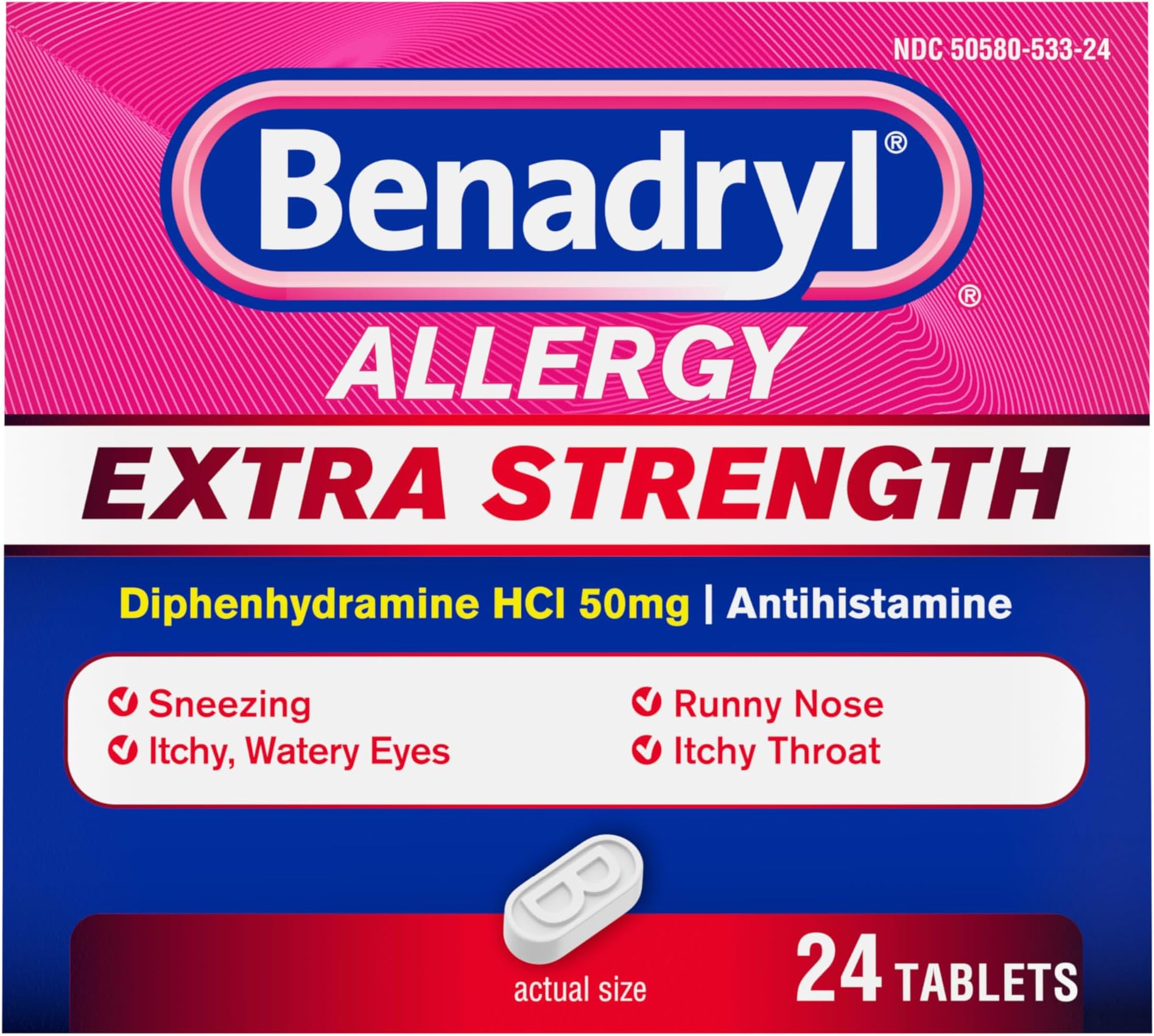 Extra Strength Allergy Relief Medicine, 50 mg Diphenhydramine HCl Antihistamine Tablets for Relief of Allergy Symptoms Due to Hay Fever or Other Upper Respiratory Allergies, 24 ct