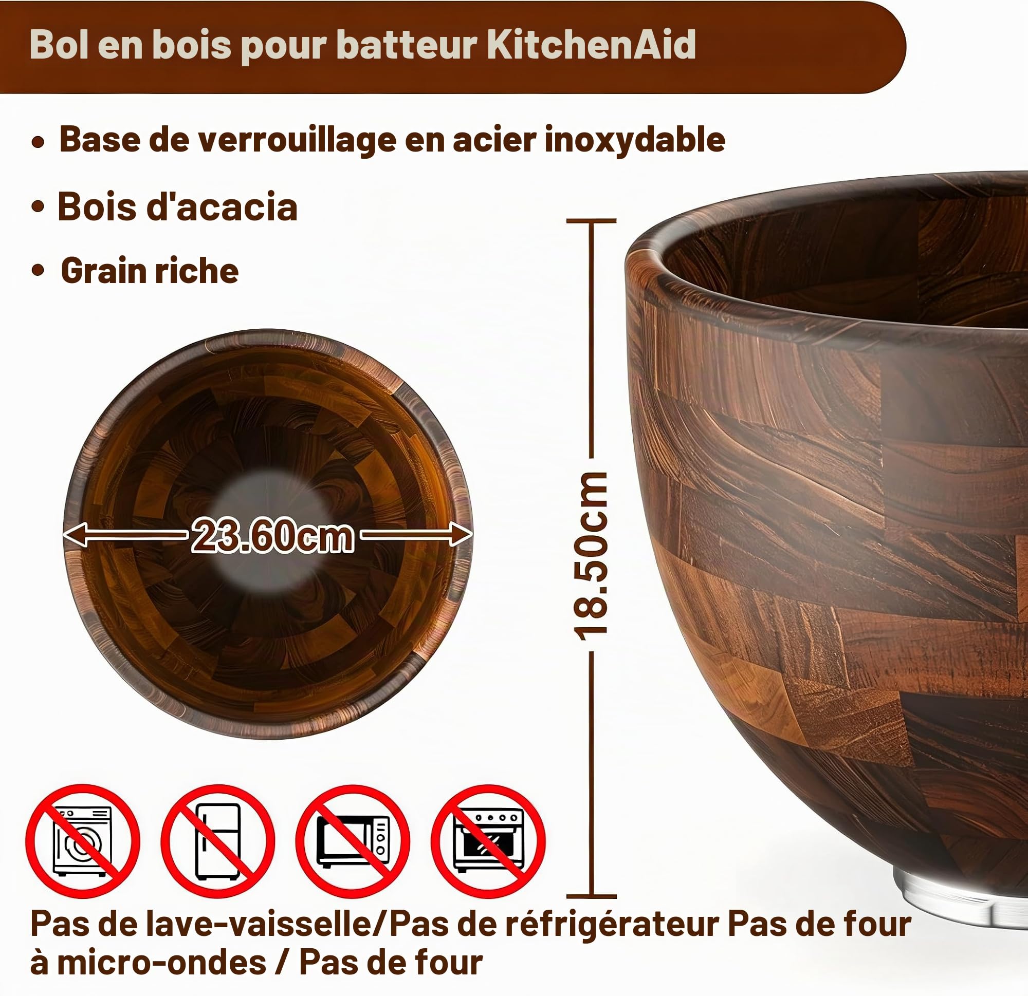 Cofun Bol en Bois Premium pour KitchenAid, 4.8L pour Batteurs sur Socle à Tête Inclinable 4.3L, 4.7L/4.8L, Bol en Acacia Naturel avec Base Inox, Accessoire de Qualité pour KitchenAid