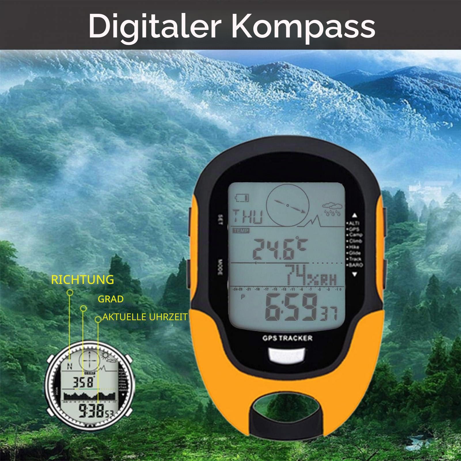 Yosoo Digitaler Höhenmesser, Kompass, GPS Navigationsempfänger, multifunktional, wasserdicht, Barometer, Hygrometer, wiederaufladbar, USB, tragbar, für Outdoor Sportarten