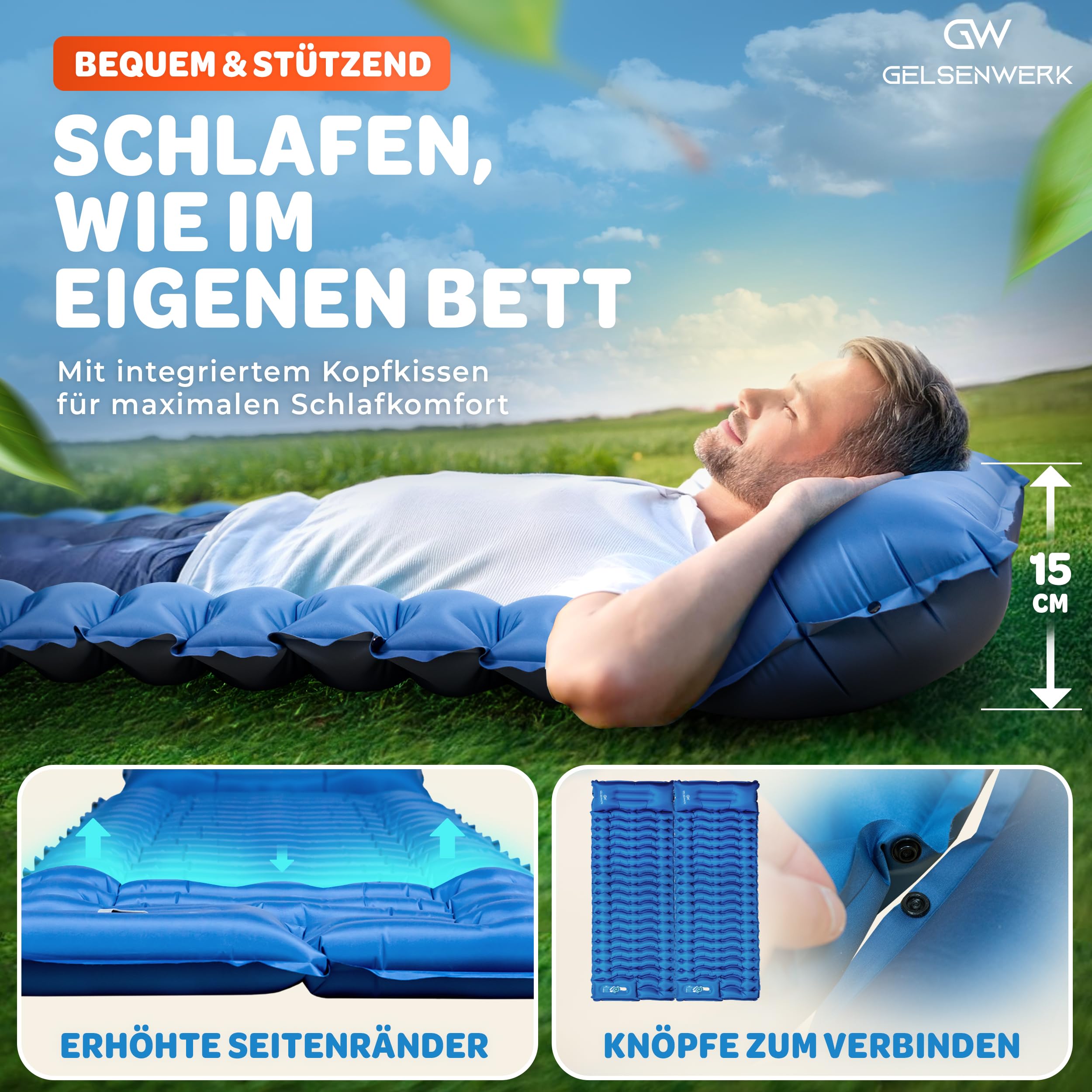 Isomatte Camping Ultraleicht 10cm & kleines Packmaß - Camping Luftmatratze mit Fußpumpe & Kopfkissen - Outdoor Schlafmatte isolierend für Wandern & Zelten