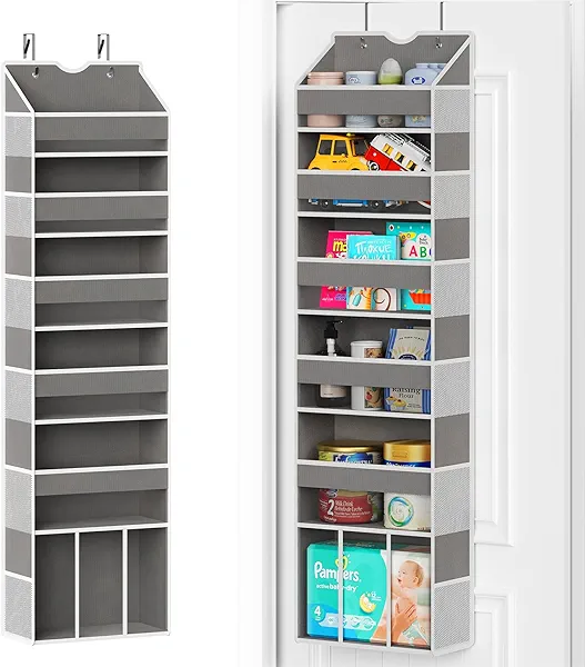 GGUO Over The Door Organizer Hanging - 6 Shelf Over Door Organizers with 6 Clear Front & 12 Side Pockets - Swing-proof 50LB Load Behind Door Storage for Closet Bedroom Bathroom Nursery Baby Essentials