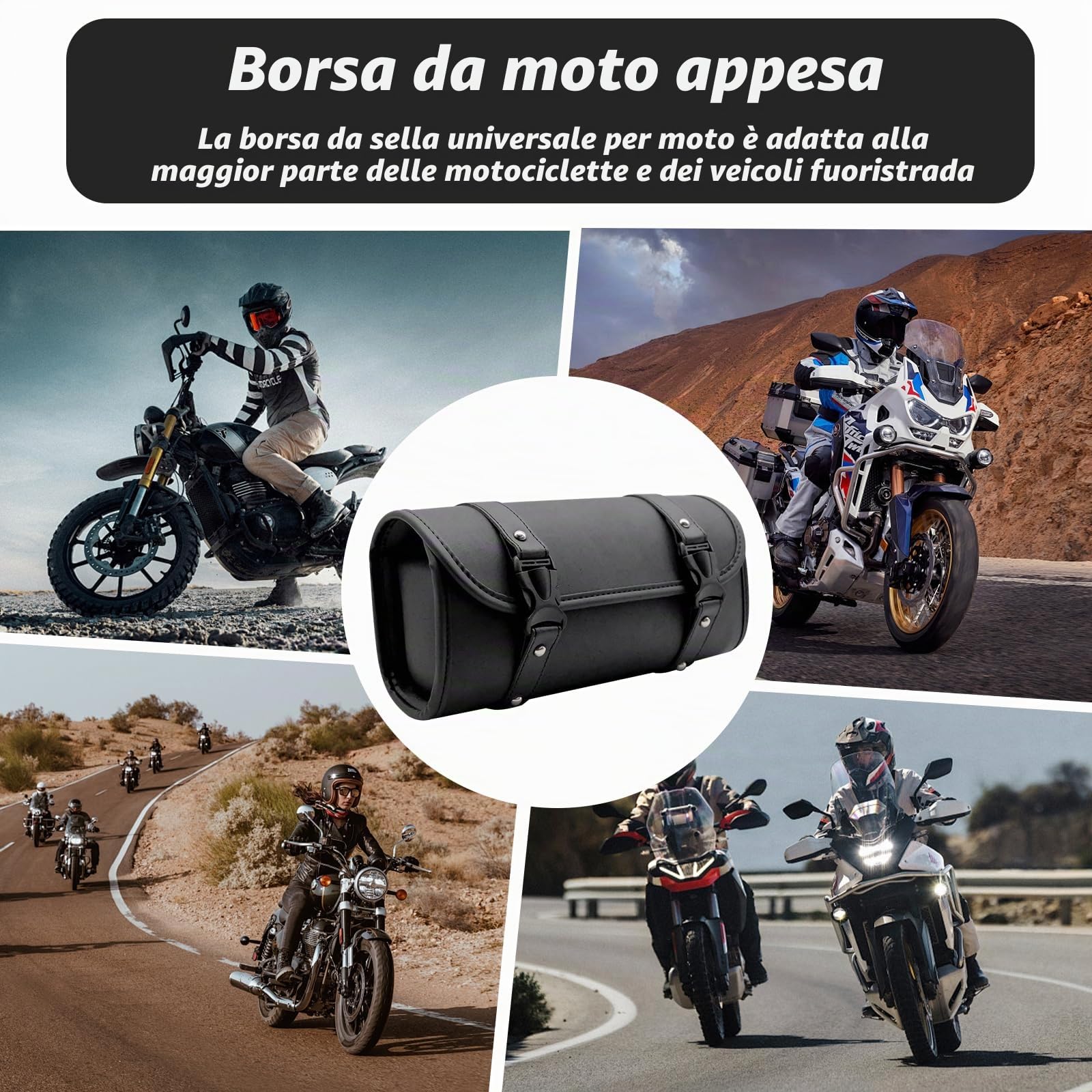 Borsa Attrezzi da Moto Impermeabile in Pelle – Borsa da Sella e Laterale Universale, con 2 Cinghie di Fissaggio per Manubrio e Forcella per Maggior Parte Delle Motociclette e Fuoristrada