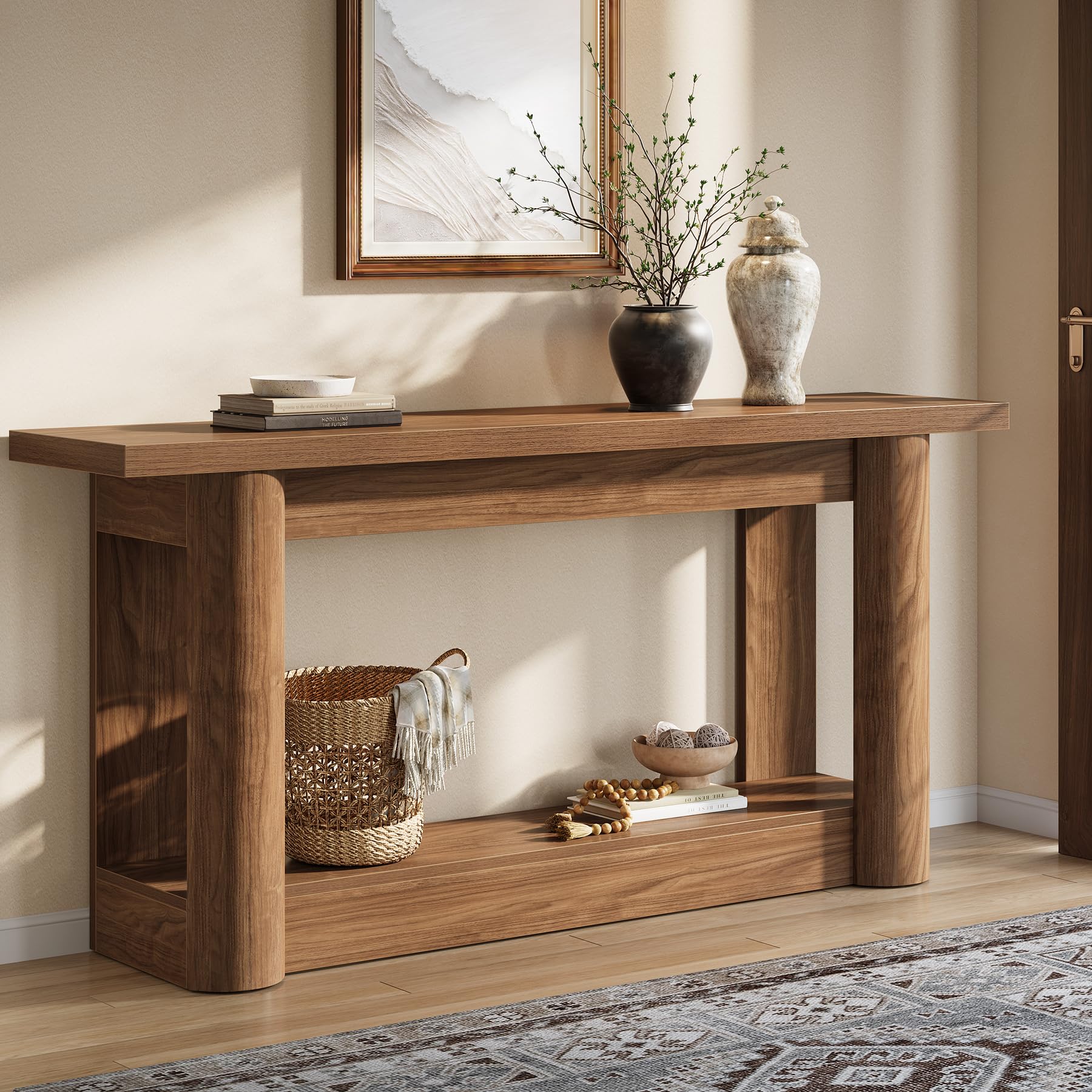 tribesigns 63-inch farmhouse console table, narrow long sofa table behind the couch, 2-tier storage entryway furniture for hallway, entrance, living room, rustic brown